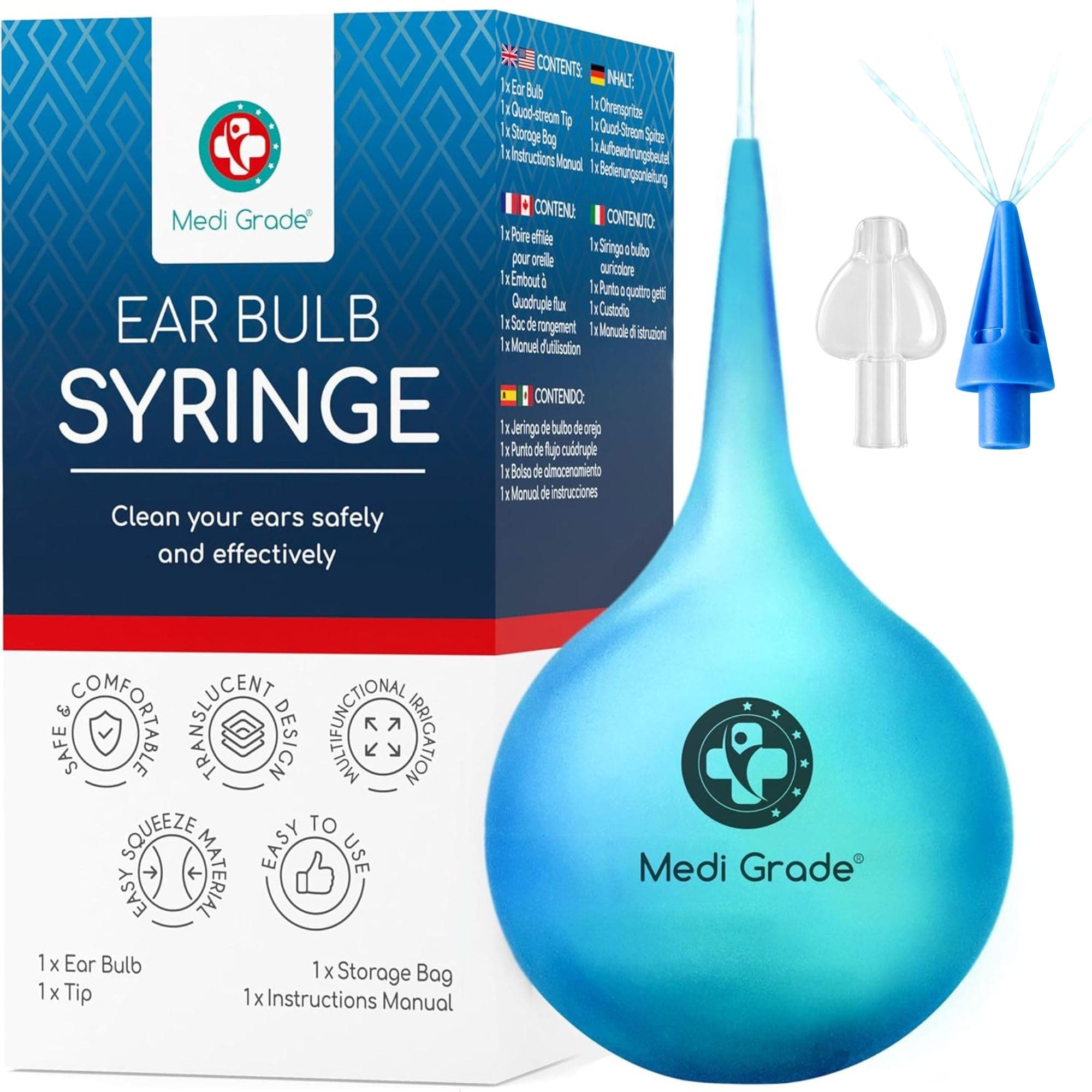 Medi Grade Ear Bulb Syringe 75ml (2.54 fl oz) – Quad Stream Ear Syringe for Ear Irrigation - Gentle Earwax Removal Tool – Bulb Syringe Ear Wax - with Travel Friendly Ear Cleaning Kit