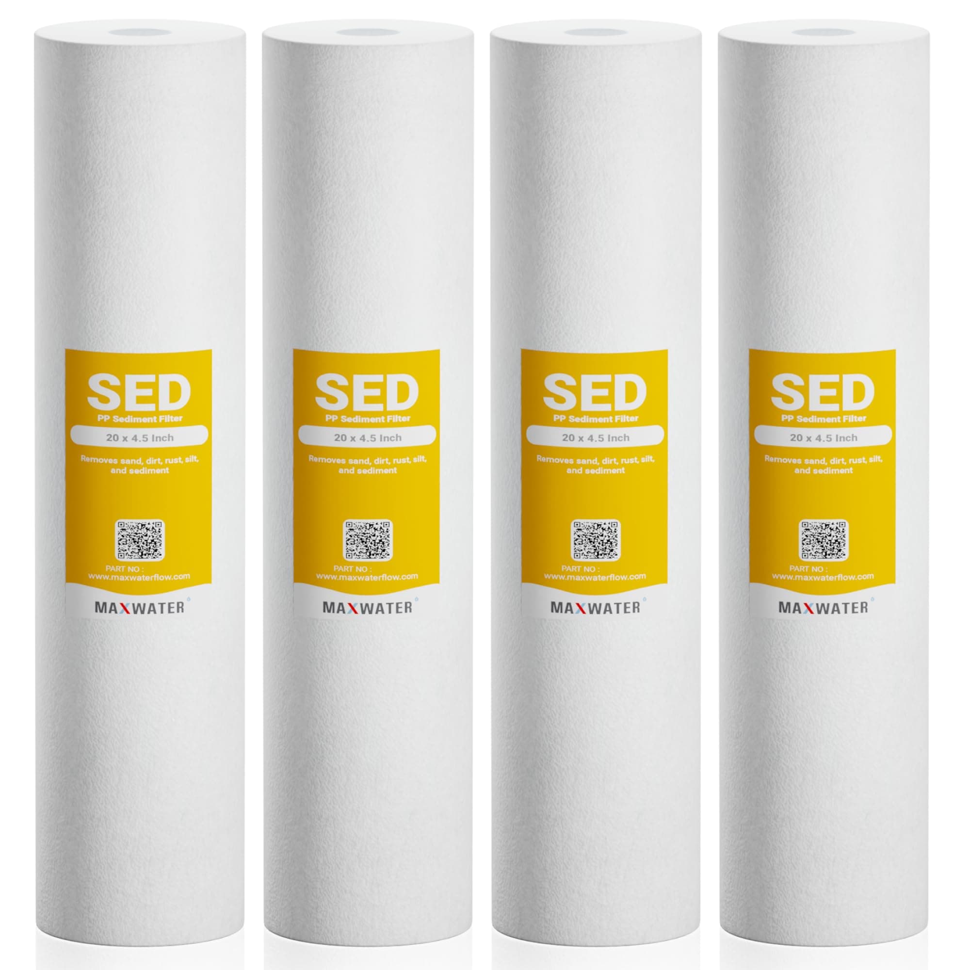 Max Water 1 Micron 20 x 4.5 Sediment Filter - Whole House BB Water Filtration System Replacement Cartridge Compatible with DGD-5005-20, AP810-2, FP25B, SDC-45-2005, 4 Pack
