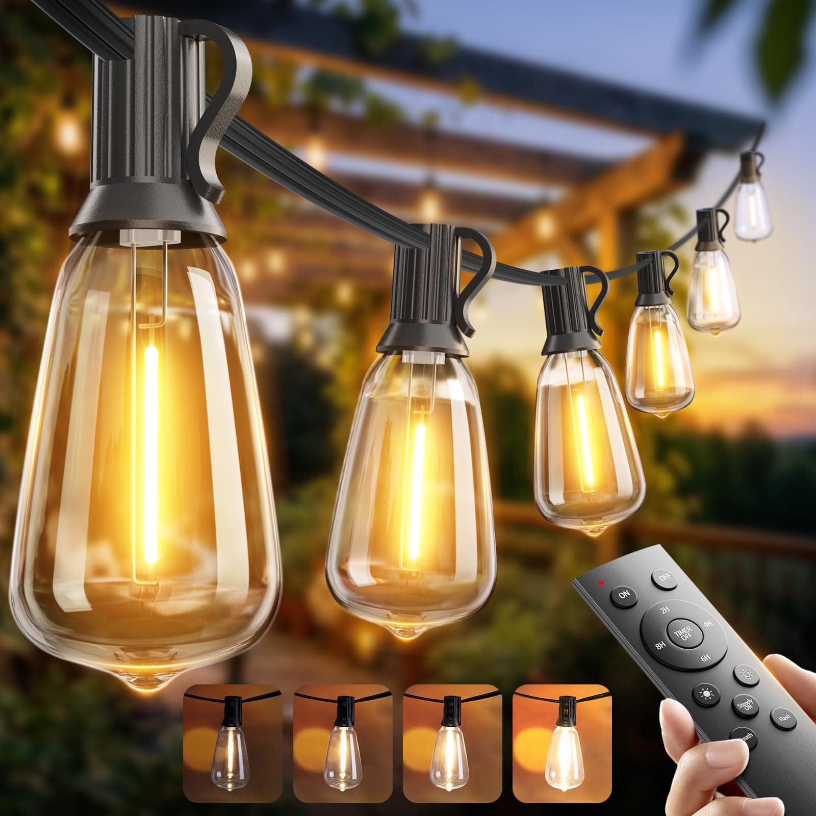 100FT LED Outdoor String Lights with Remote Waterproof Patio Lights with Shatterproof ST38 Replaceable Bulbs, Dimmable Outside Hanging Light Connectable for Porch, Backyard