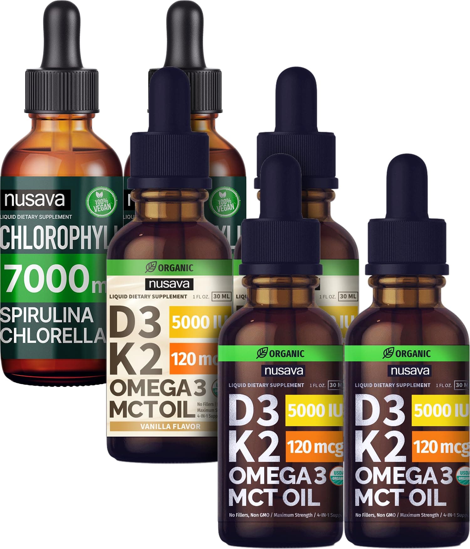 NUSAVA Unflavored D3 K2 Drops, Vanilla Flavored D3 K2 Drops, & Chlorophyll Liquid Drops Bundle - Potent Liquid Vitamins for Heart, Joint, Energy, & Immune Support - Non-GMO, Gluten-Free, 2pk Each
