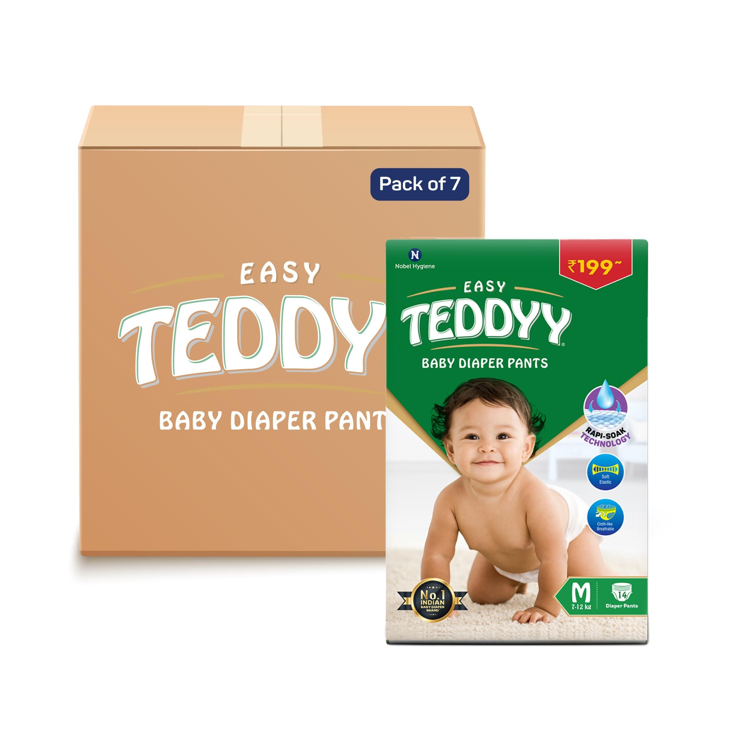 TEDDYY Easy Baby M Size Diaper Pant Style | 98 Count (Medium) | 7–12 kg (Pack of 7) | Long Protection Hours | Anti-Bacterial | Airy Breathable Fit | Rapid Soaker Channels with Wetness Indicator