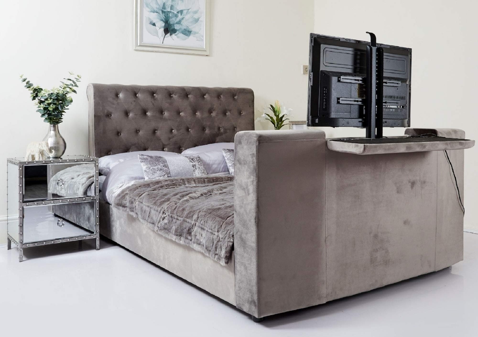 TV Bed With Electric Motor + Remote Control King Size Grey Soft Velvet Sleigh Chesterfield Style (Grey Soft Velvet Sleigh King)