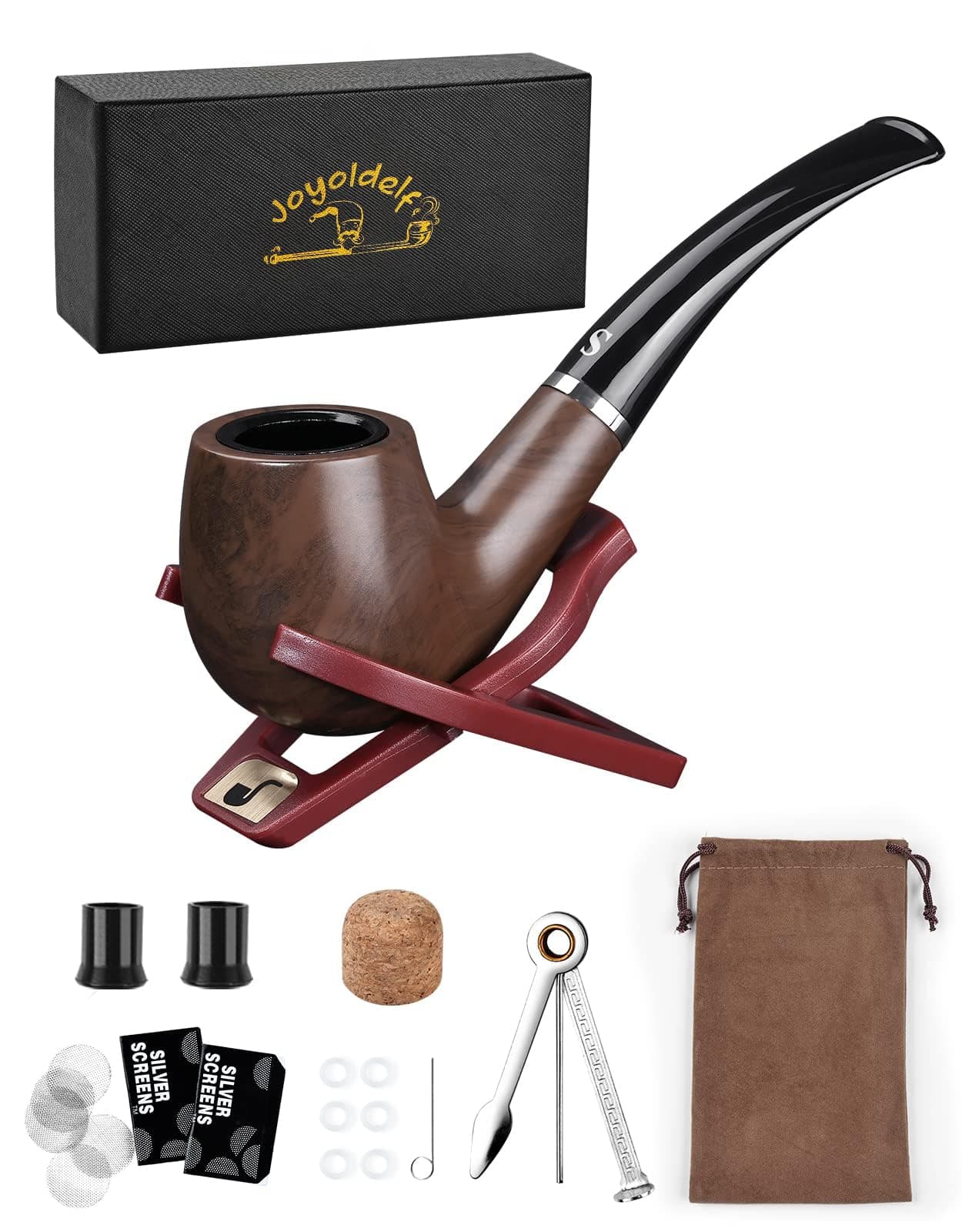 Joyoldelf - Smoke Pipe With Foldable Holder, Screens, Tips and Cleaning Tool - Gift Box Included