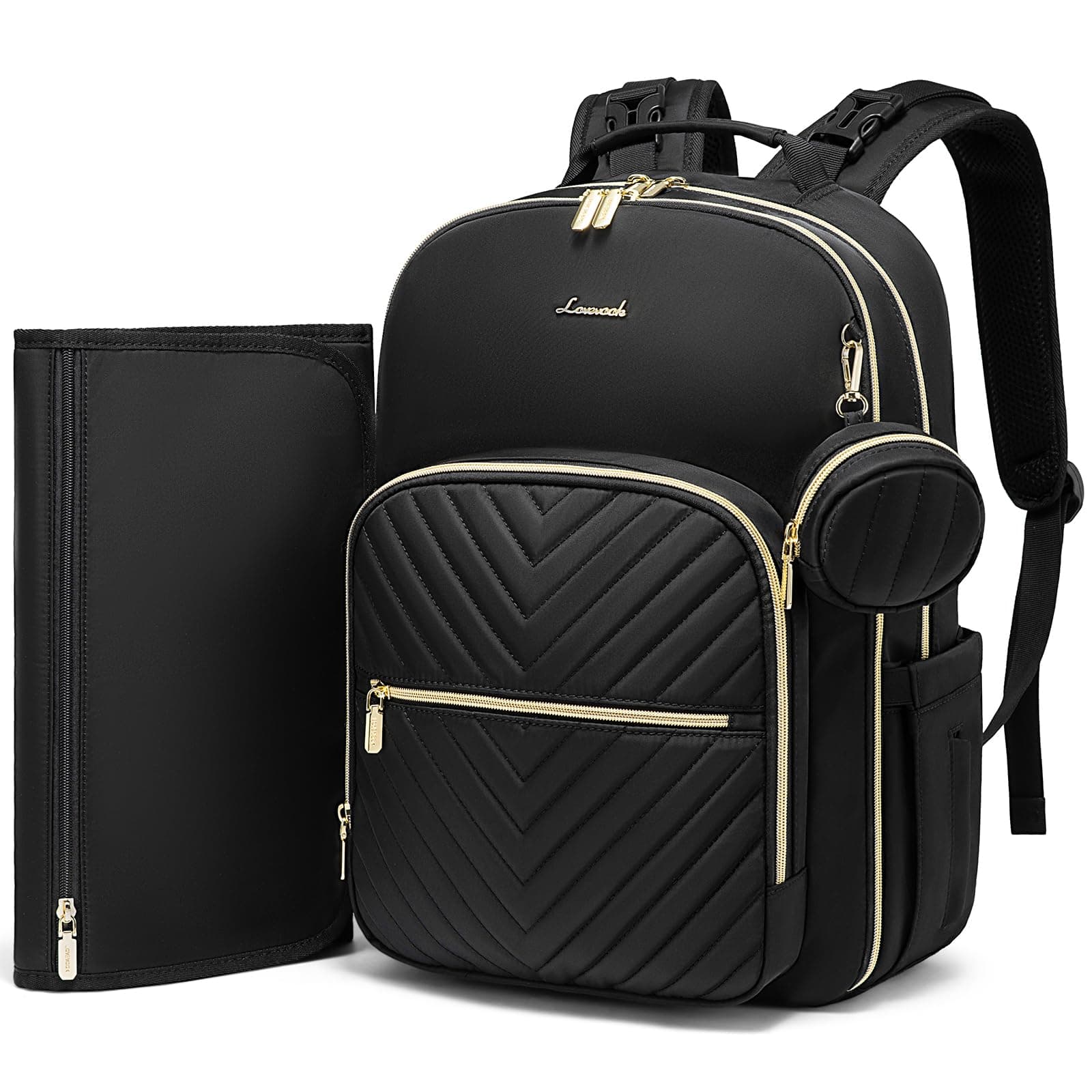 Diaper Bag Backpack, Quilted Baby Bag with Changing Pad & Pacifier Holder, Waterproof Travel Diaper Bags for Baby Boys Girls, Stylish and Large Capacity, Black