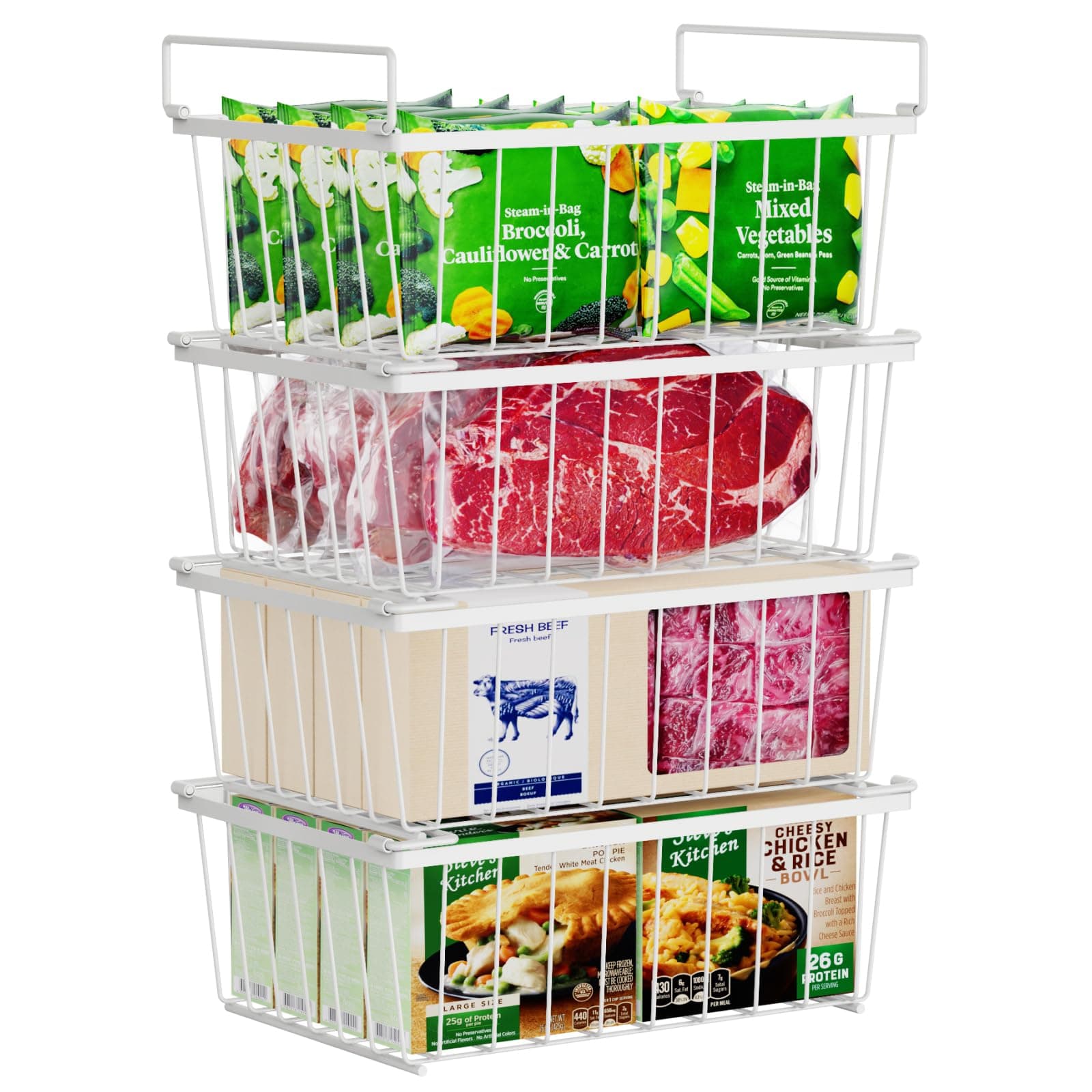 iSPECLE Freezer Organizer Bins - 4 Pack Stackable Chest Freezer Organizer for 5 Cu.FT Deep Freezer Sort Frozen Food, Deep Freezer Organizer Bins Easy to Get Food from Bottom Better Ventilation, White