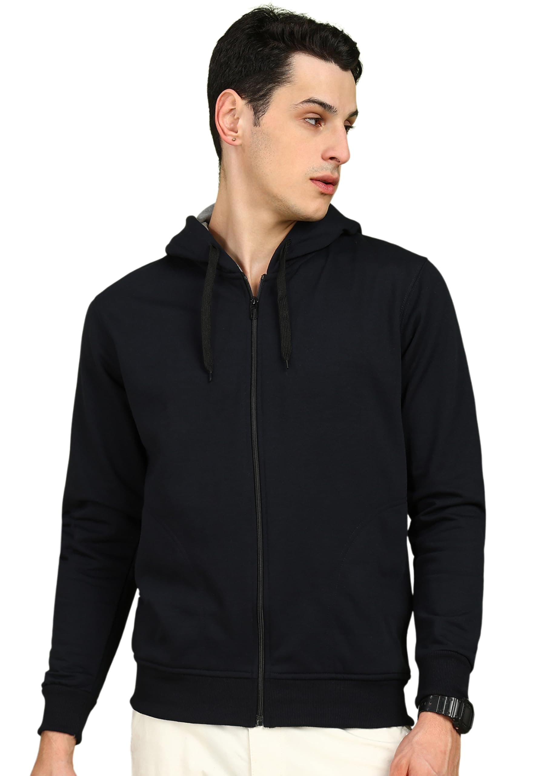 Men’s Solid Zipper Hooded Sweatshirt | Ribbed Hem, Lined Hood, Side Pockets, Durable Zip | Multiple Colors