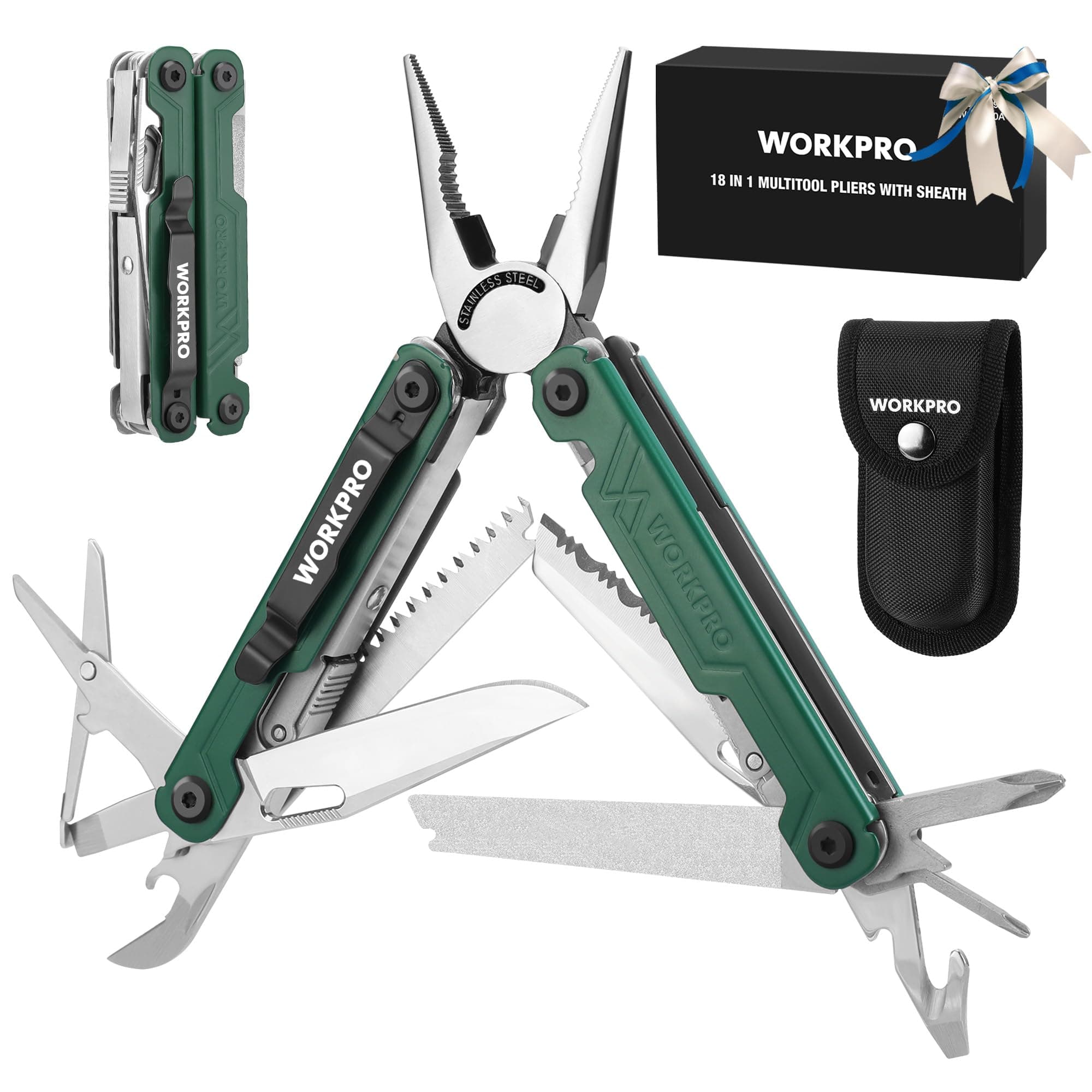 WORKPRO 18-in-1 Multi Tool Pliers, Gifts for Men, Stainless Steel EDC Multitool with Pocket Knife, 2 Safety Locks, Belt Clip and Oxford Pouch, Utility Multiuse Tool for Camping