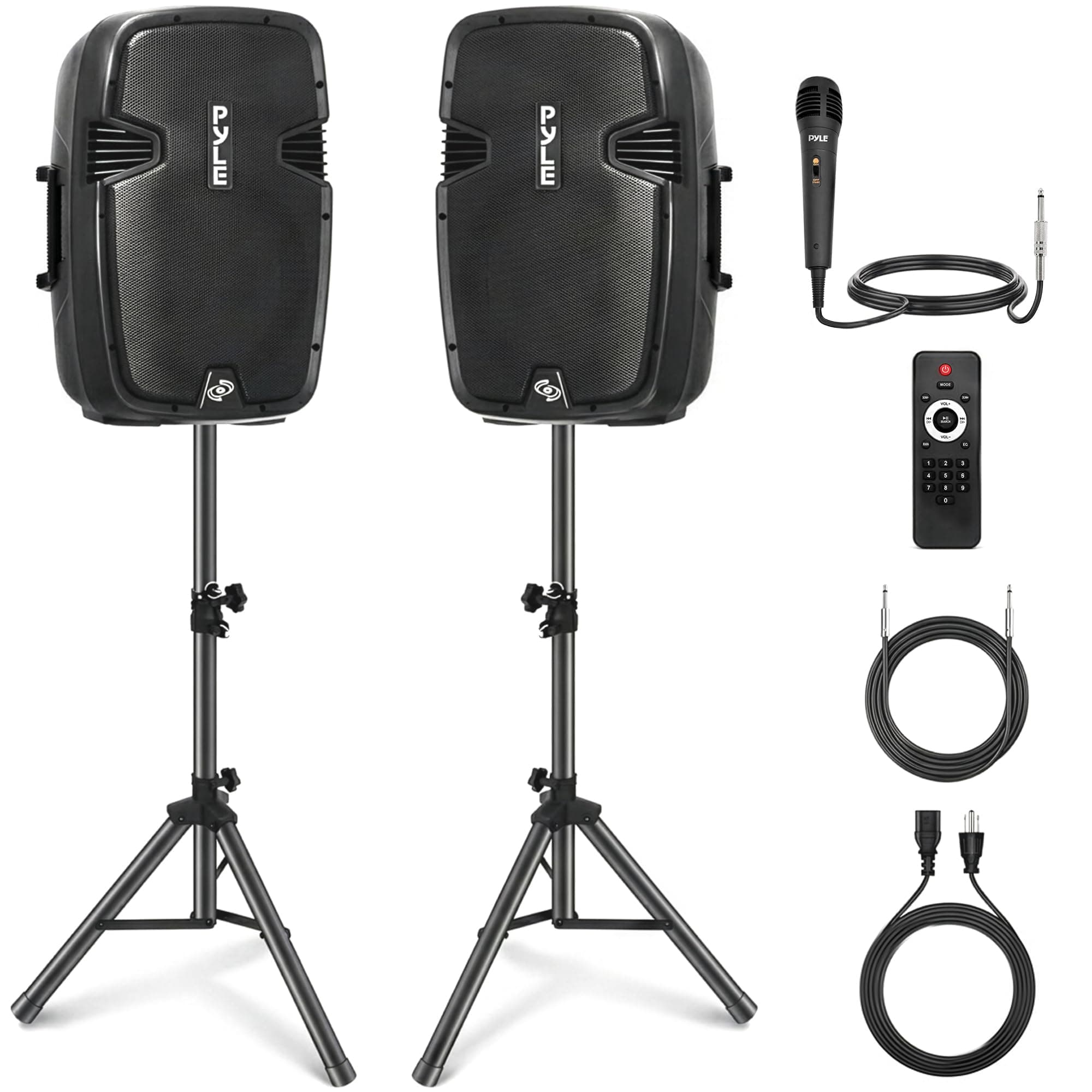 Pyle Wireless Portable PA System - 1800W High Powered Bluetooth Compatible Active + Passive Pair Outdoor Sound Speakers w/USB SD MP3 AUX - 35mm Mount, 2 Stand, Microphone, Remote - Pyle PPHP1249KT