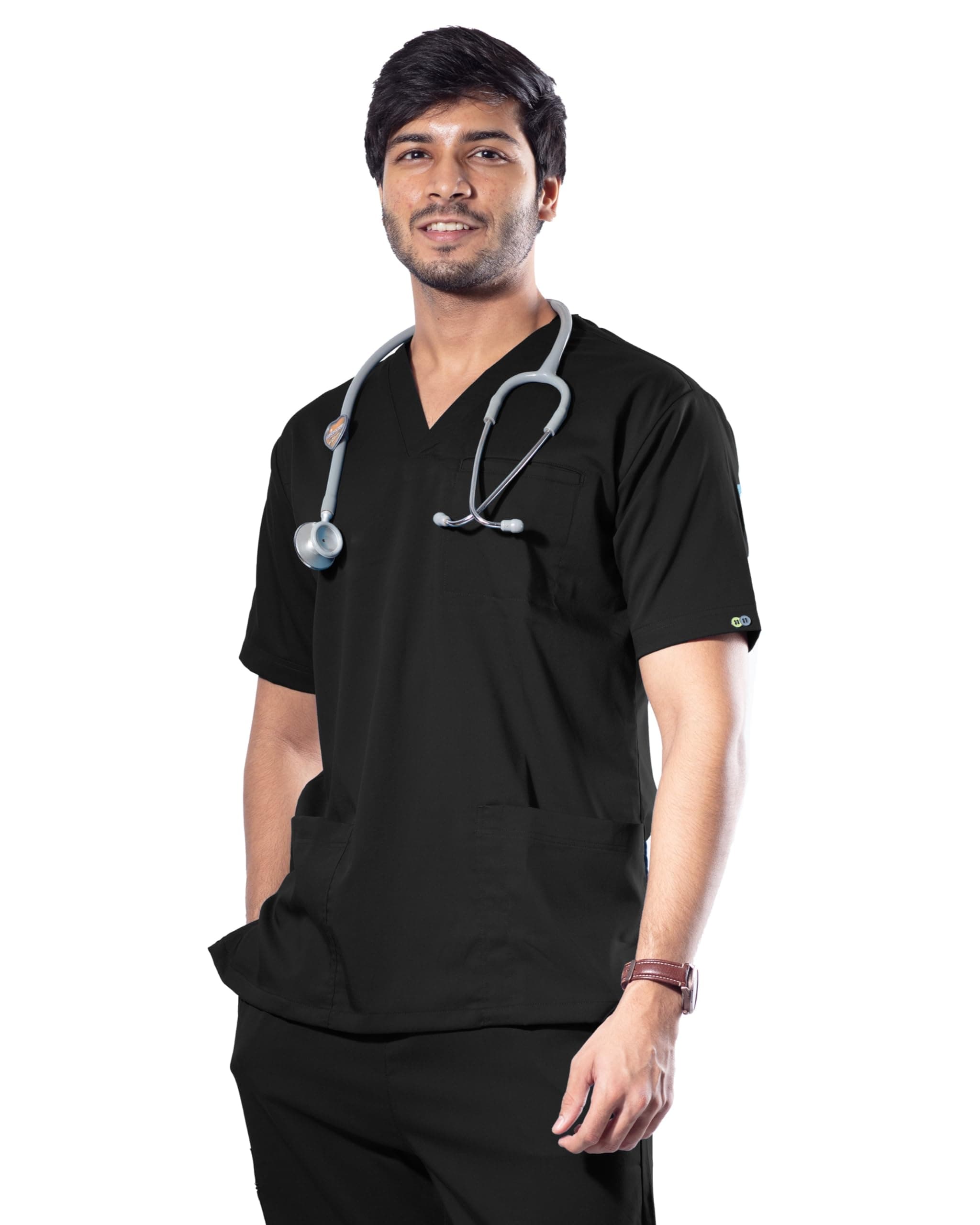 UNIFORM CRAFT UC STRETCH Men’s Stretchable Scrub Top | 4 pockets, 2-way Stretch || for Doctors, Dentists, Vets (Cool Black, XL)
