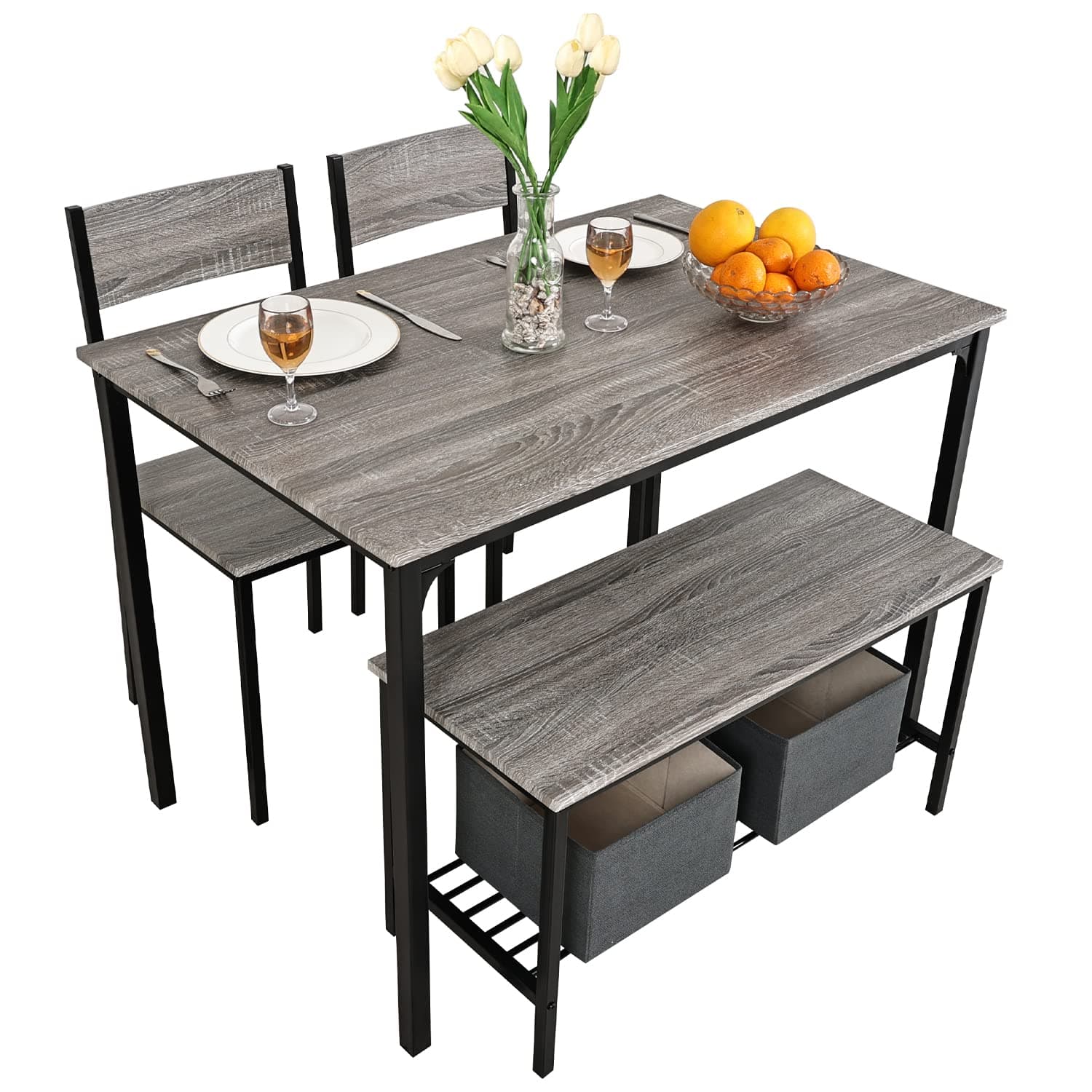 PULUOMIS Dining Table and Chairs Set 4, Space Saving Kitchen Table and 2 Chairs and Bench, Dining Room Furniture Set with Metal Frame and Wood Effect for Home Apartment, Grey