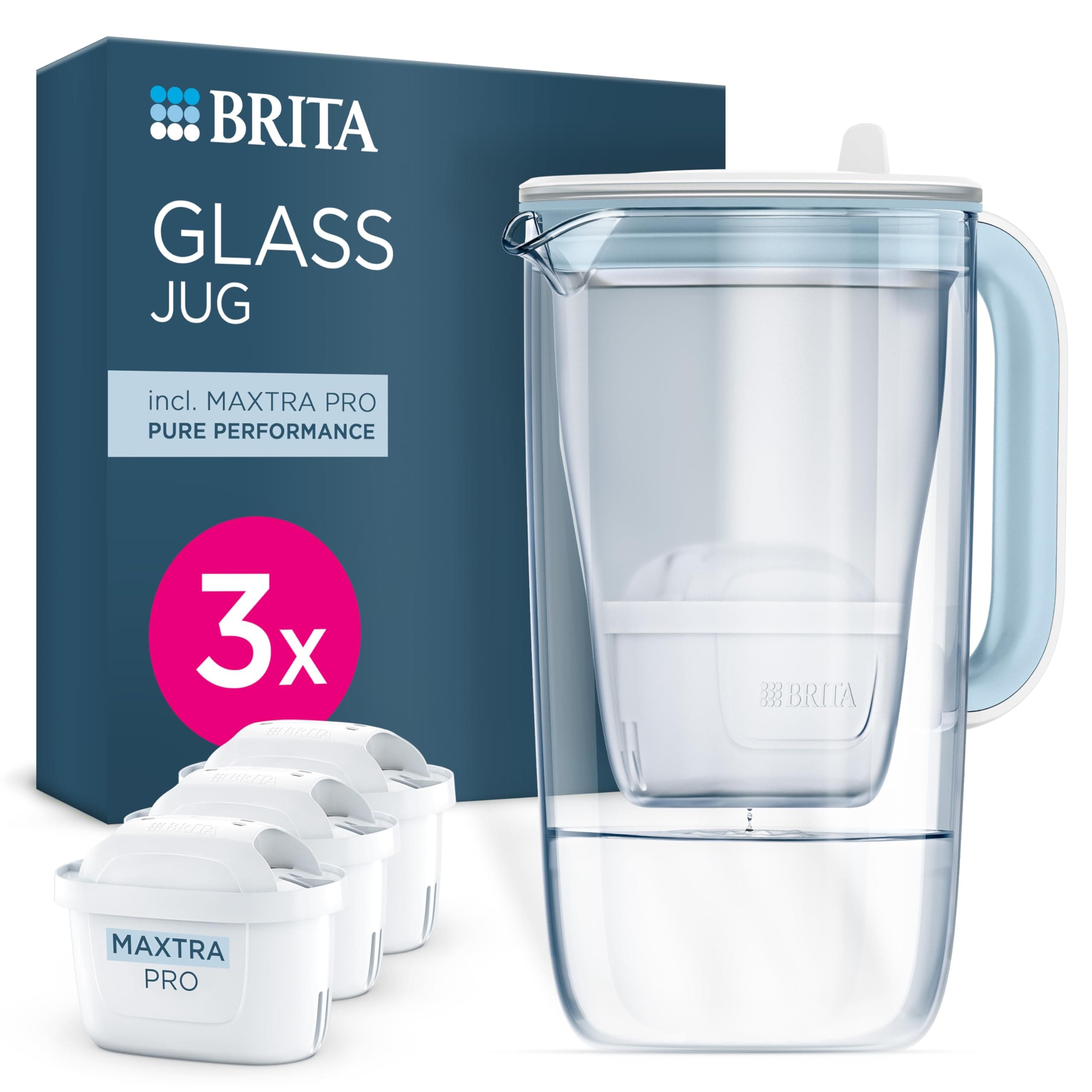 BRITA Glass Water Filter Jug Light Blue (2.5L) Starter Pack inc. 3x MAXTRA PRO Pure Performance - Premium Glass jug with easy-filling Flip-Lid and Indicator - in sustainable Smart Box packaging
