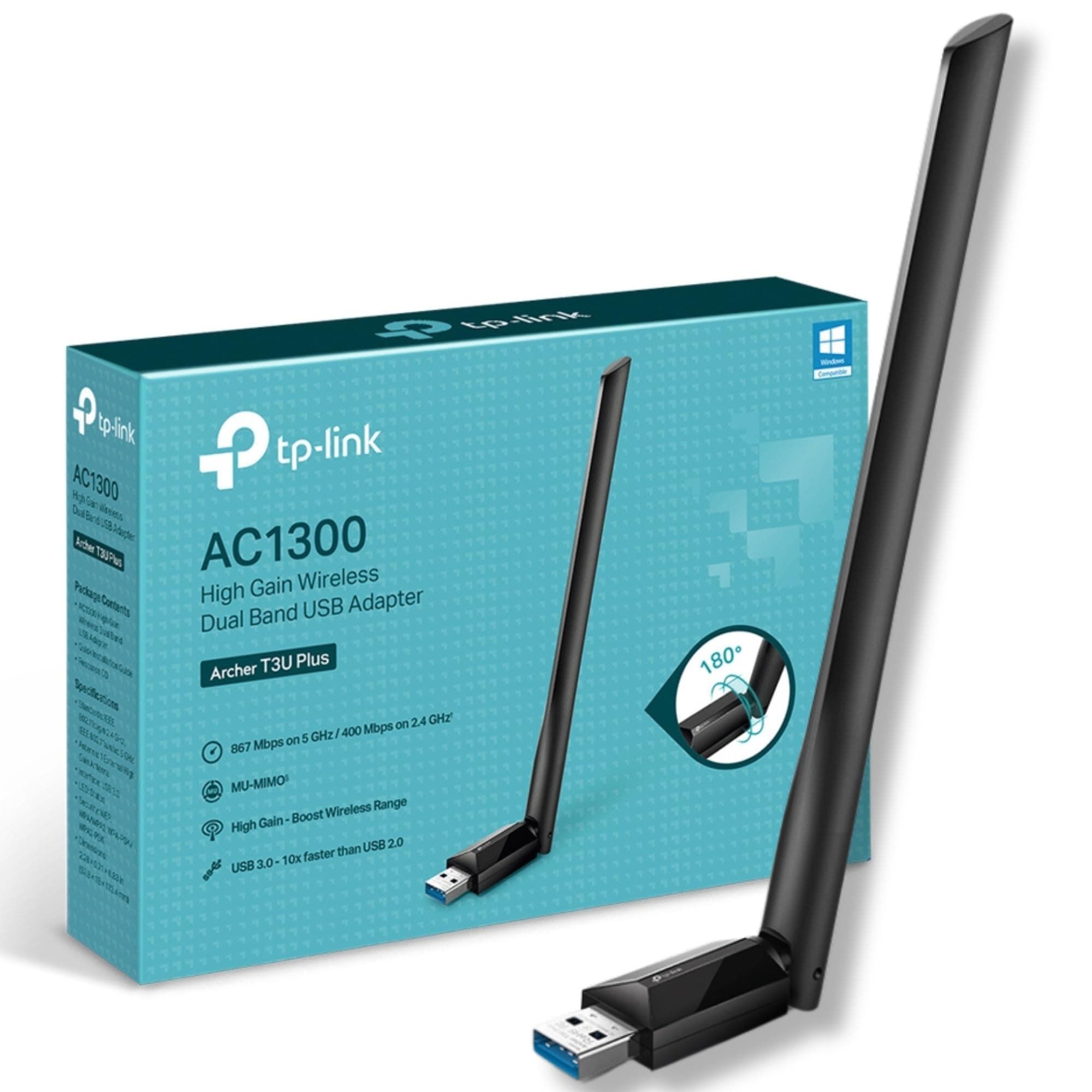 Archer T3U Plus AC1300 USB WiFi Adapter for PC, Dual Band 3.0 USB WiFi Dongle for PC, Adjustable Two High-Gain Antennas Built in One, MU-MIMO, Windows 11/10/8.1/8/7XP, Mac OS, Easy Setup