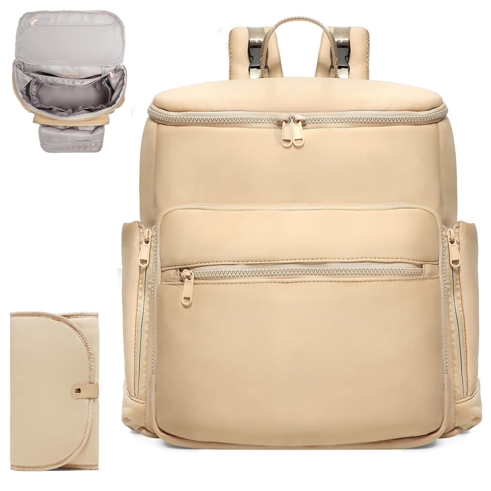 Diaper Bag Backpack, Neoprene Bag Backpack, Large Diaper Backpack with 16 Diaper Bag Organizers, 4 Insulated Pockets, Lighweight Travel Baby Bag with Changing Pad for Mom & Dad, Apricot