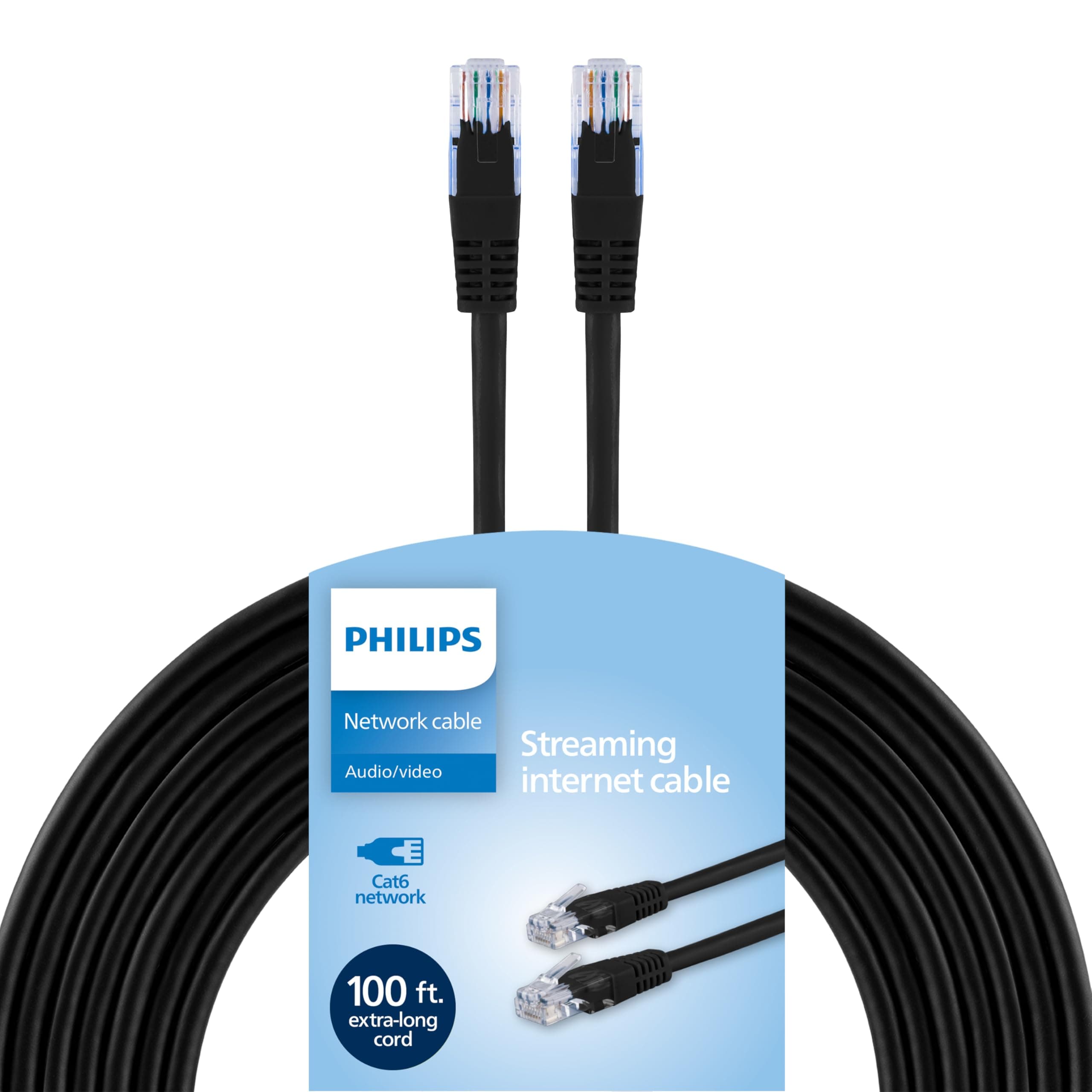 Philips Cat6 Ethernet Cable, Extra Long 100 Ft Cord, 10 Gbps, 250Mhz, RJ45M Connector, for Computer, Game Console, Cable/DSL Modem, Network Switch, Streaming Device, Black, SWR3433B/37