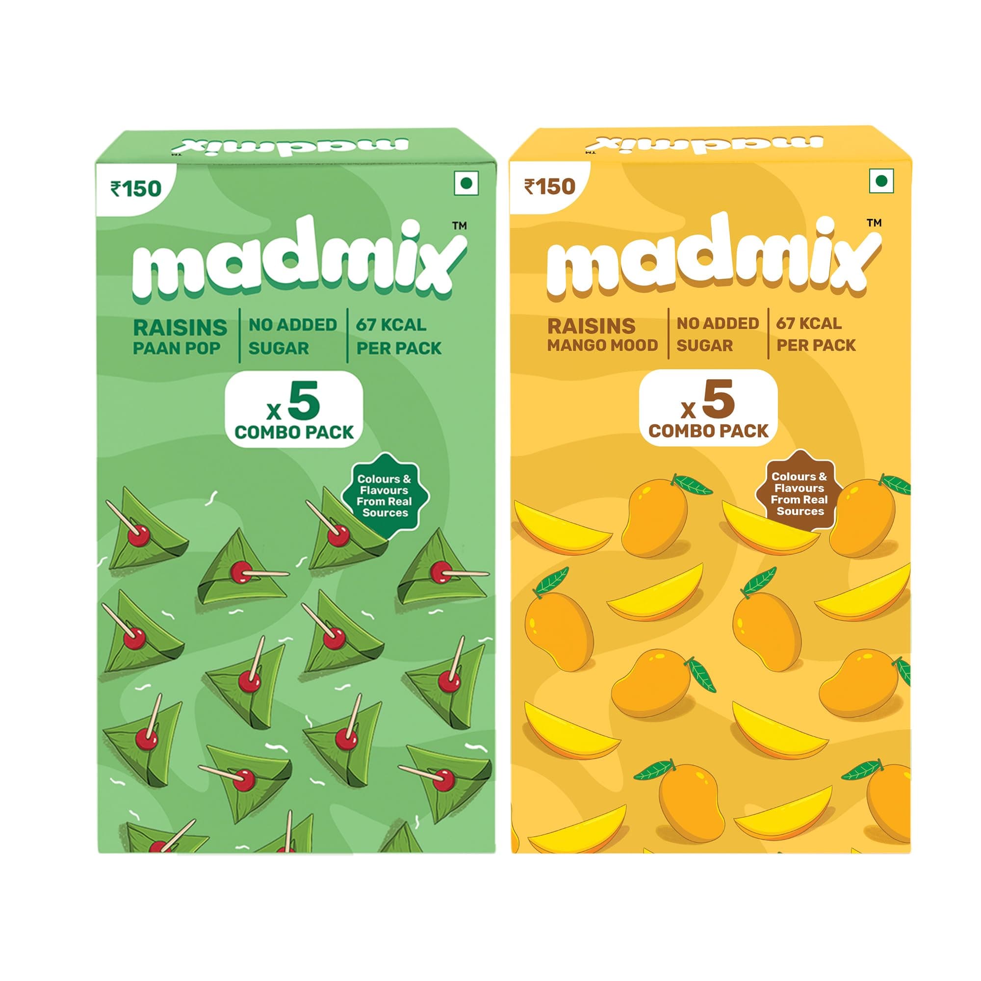 Madmix Assorted Raisins Combo: Paan and Mango | Authentic Mango and Paan Mukhwas | No added Sugar, Low Calorie | Vegan and Natural Dessert | Sweets for Kids| Pocket Paan | Premiun Raisins | Mouth Freshner | 2 Flavour*5 Pack each*11g