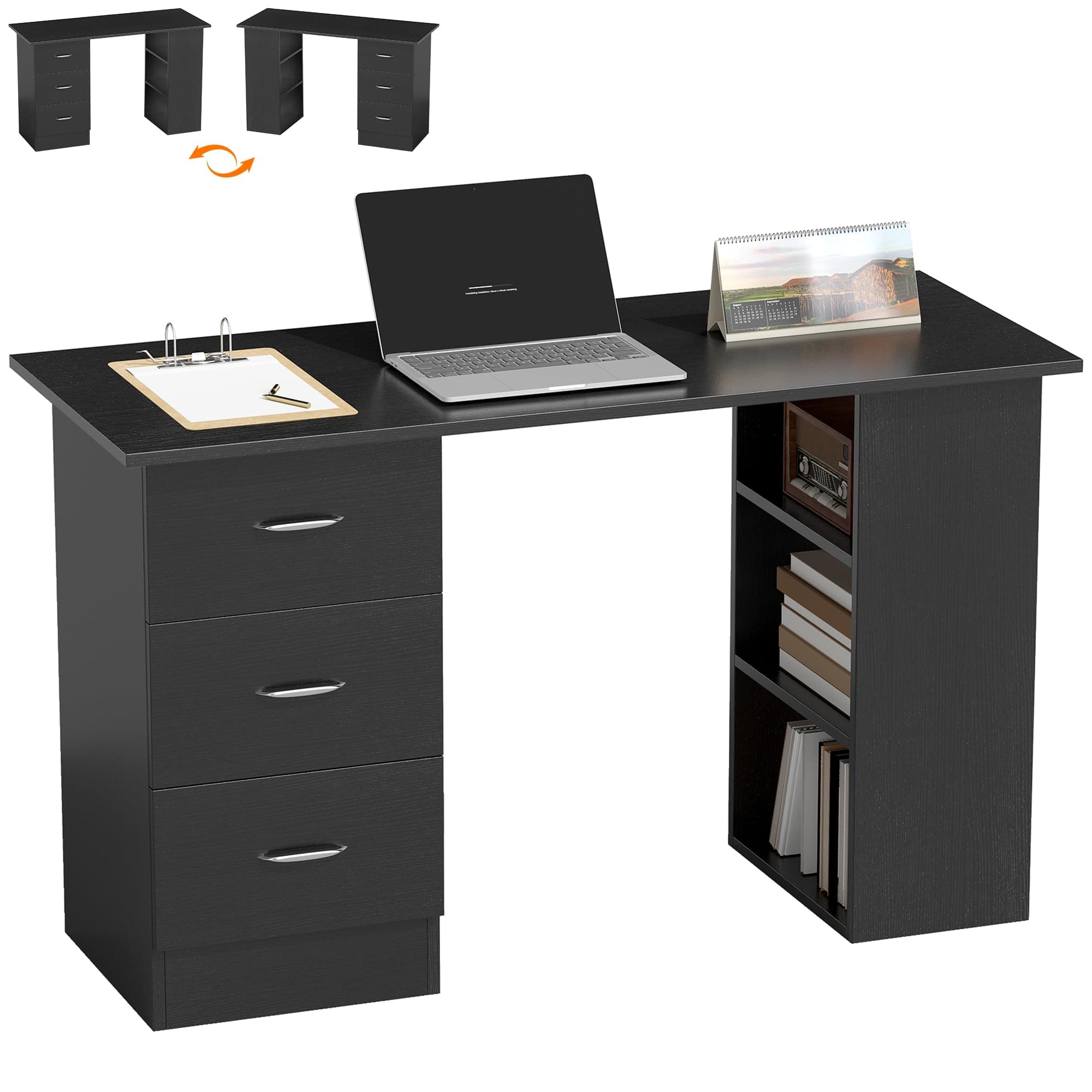 HOMCOM Computer Desk with Drawers, Home Office Desk, Writing Table, PC Workstation with 3 Storage Shelves for Working, Study, 120 x 49 x 72 cm, Black
