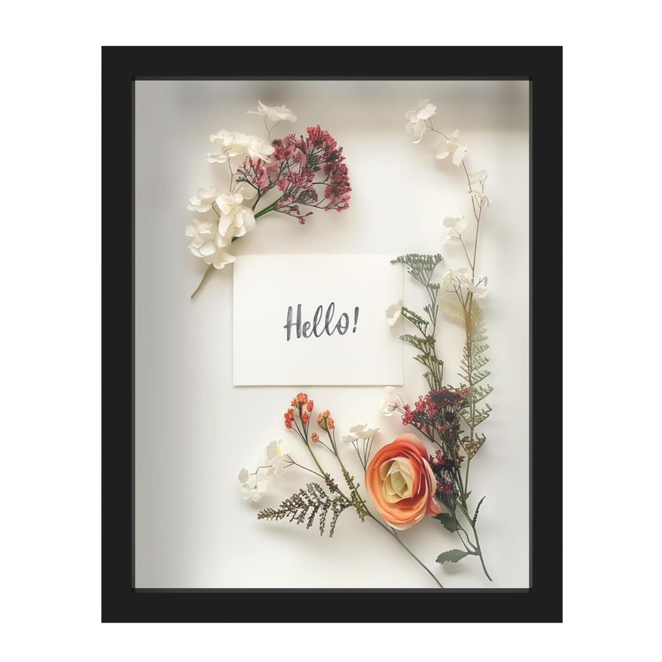 FrameWorks 11” x 14” Black Wooden Shadow Box Frame – Display Case with Soft Felt Back, Memory Box with Tempered Glass, Display Box with Elegant White Ball Push Pins, Wooden Flower Box