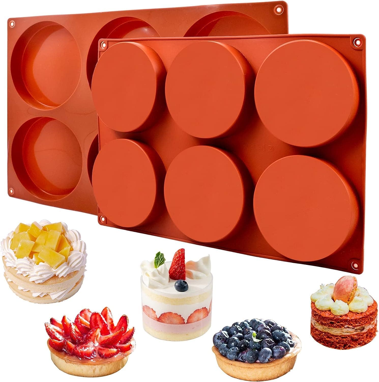 6-Cavity Baking Mold, Silicone Large Round Disc, Resin Coaster Mold, Food Grade Non-Stick Cake Mold, Mousse Pan, for French dessert, Candy, Handmade Soap Muffin, Cupcake, Ice Cube (red), 2 PCS