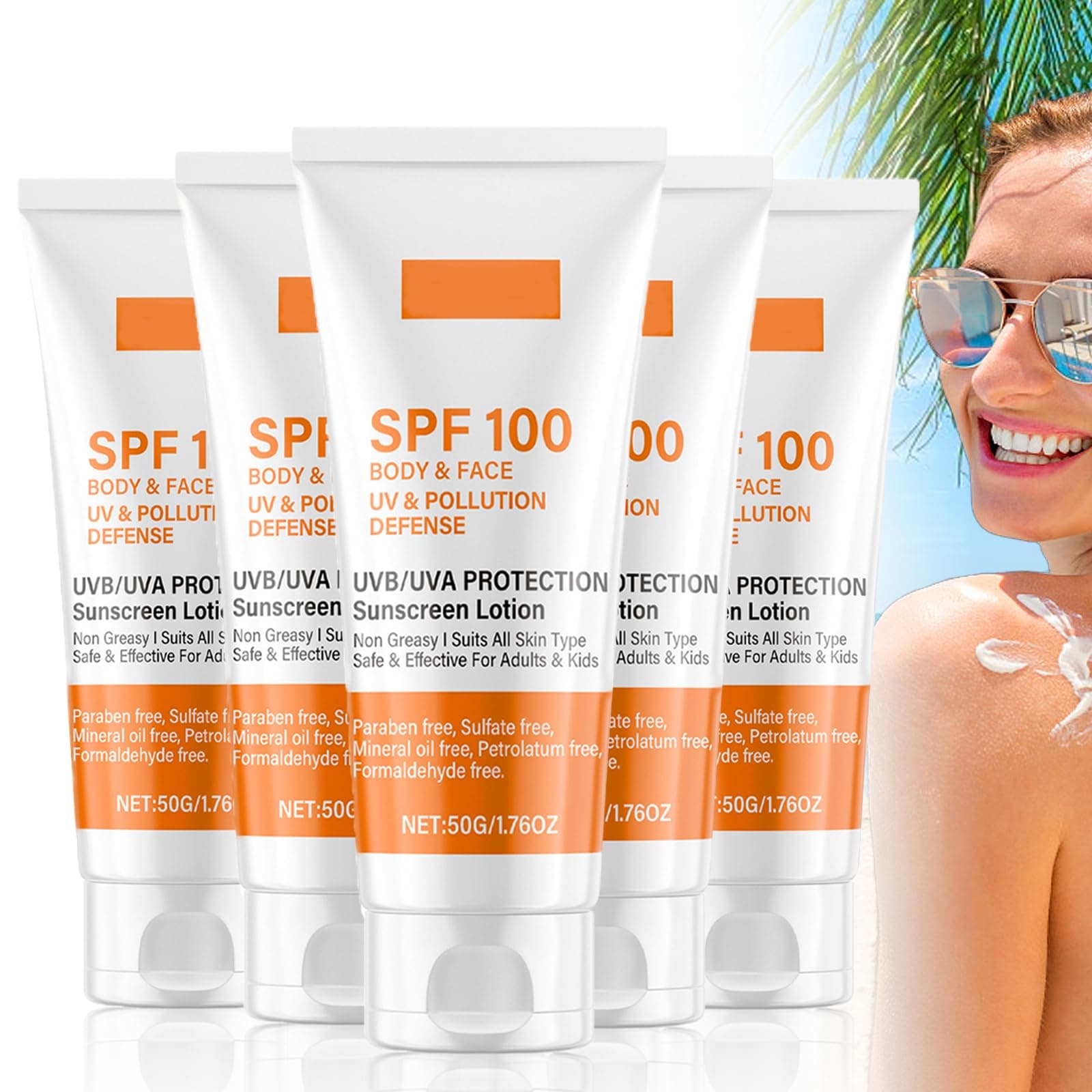 Sunscreen SPF 100 | Sunscreen For Body & Face, Face Sun Lotion Cream with SPF100, Ultra Light UV Protetion Cream, Refreshing And Non Greasy, 50g (5 PCS)