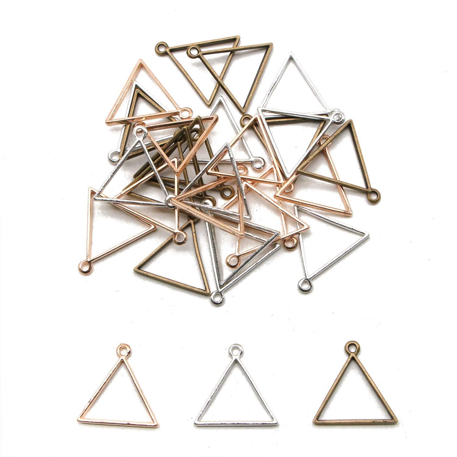 Fciqven 30 Pcs Triangle Framework Open Back Bezel Alloy Hollow Bezel Pendant Zinc Alloy Accessories for Jewelry Making(Bronze & Silver & Rose Gold) - 29mm x 29mm
