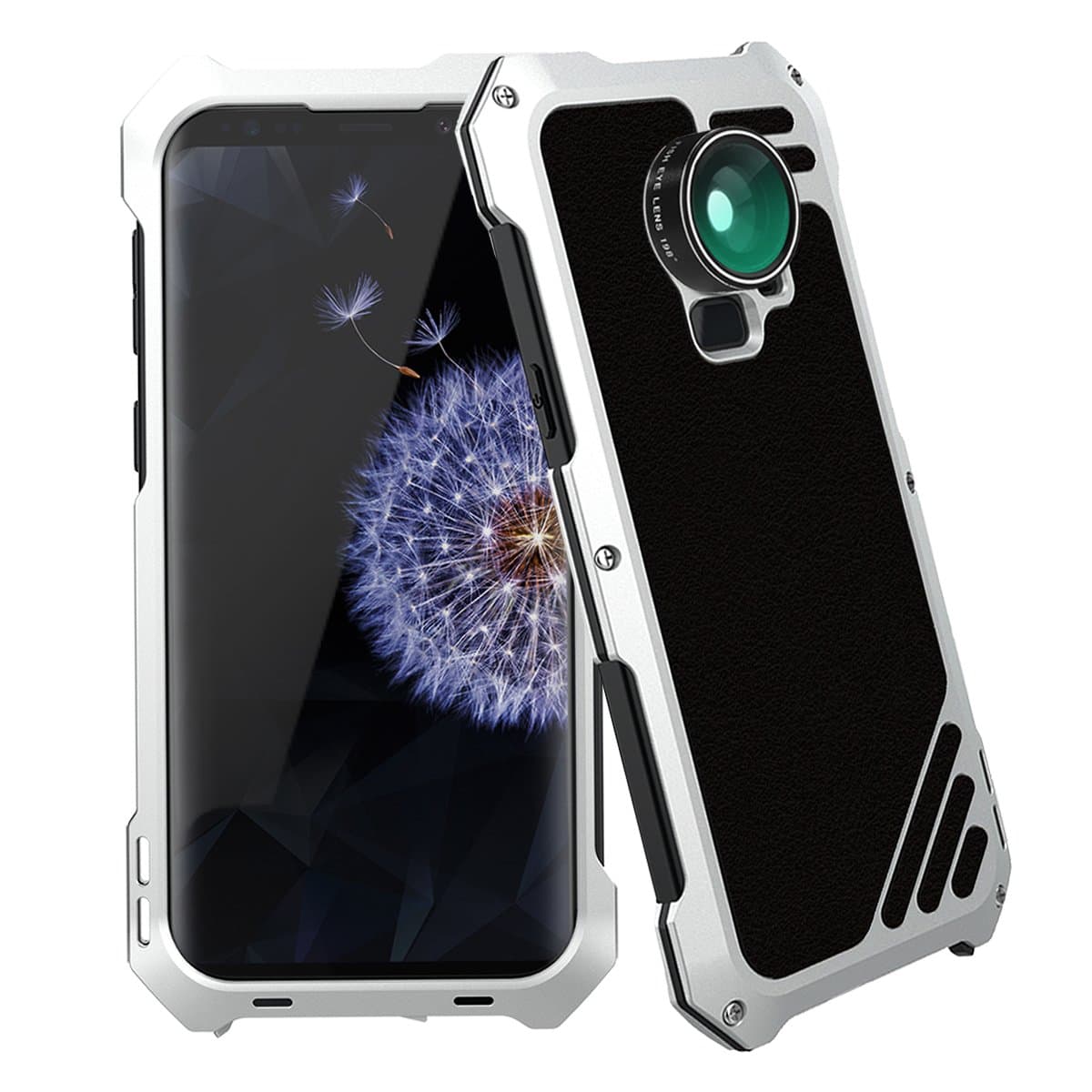 Galaxy S9 Plus Lens Kit Case, SHEROX - 3 in 1 198° Fisheye Lens + 15X Macro Lens + Wide Angle Lens with IP54 Dustproof Shockproof Aluminum Case for Samsung Galaxy S9+ Plus (Silver)