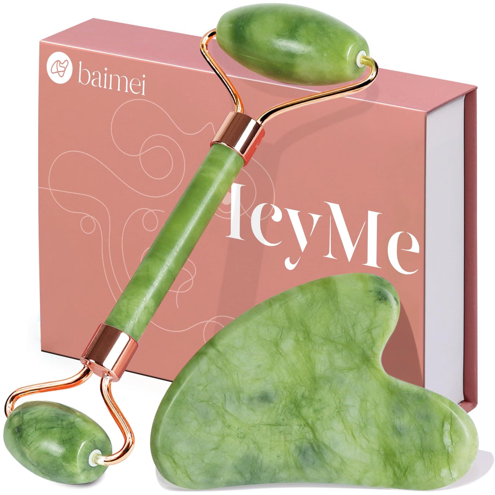BAIMEI Gua Sha Set and Jade Roller, Jade Gua Sha & Face Rollers for Women, Self Care Gifts for Women, Body Muscle Relaxing, Improve Eye Puffiness, Skin Care Gift