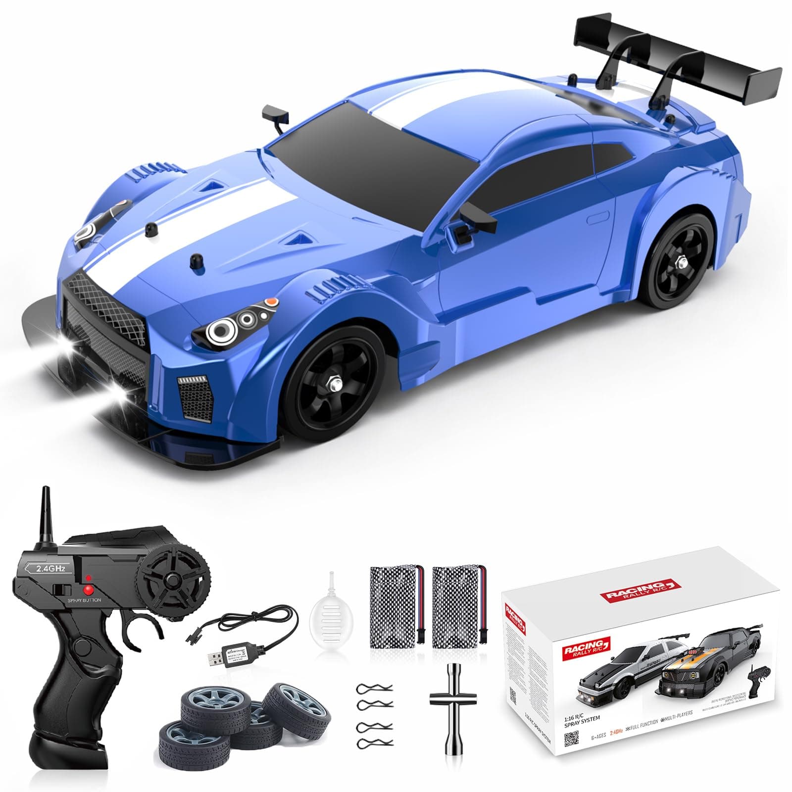 RC Drift Car 1:16 Scale 4WD 18KM/H with LED Lights Rubber Tire Racing Sports Toy for Boys Girls Gift