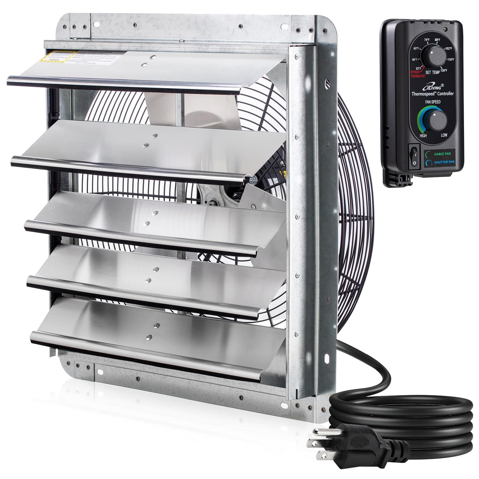 18" Wall Mounted Shutter Exhaust Fan, Automatic Shutter, with Thermostat and Variable Speed controller, 0.85A, 1736 CFM, 2600 SQF Coverage Area Silver (ILG8SF18V-ST)