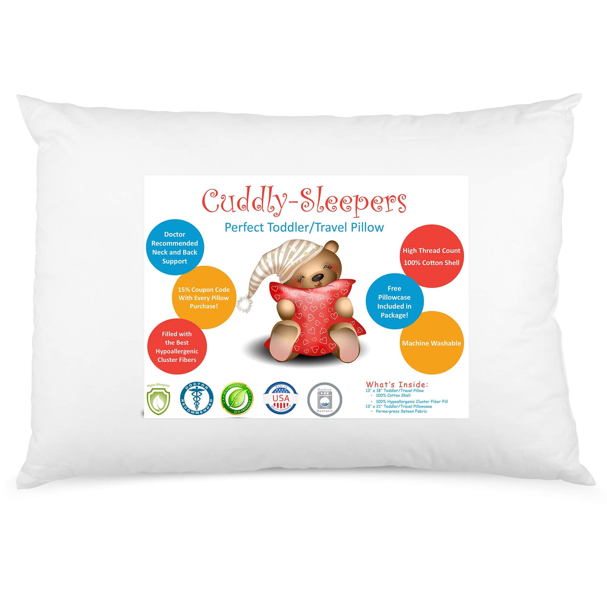 Digital Decor Toddler Pillow - 100% Cotton Outer Fabric - Made in USA Baby Pillow Perfect for Sleeping in Daycare Preschool, Portable Travel Pillow for Neck Head and Spine - 13"x18"