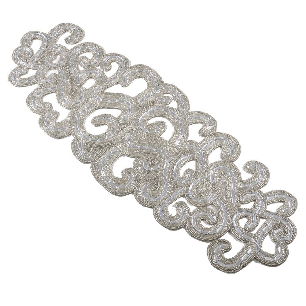 Silver Tone Holiday Elegant Glass Beaded Design Table Runner, 13" X 35" Rectangular