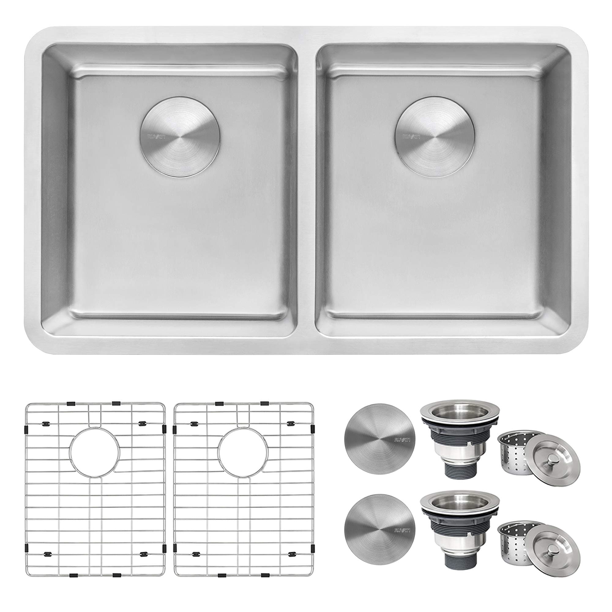 Ruvati 31- inch Undermount Kitchen Sink – 50/50 Double Bowl Kitchen Sink, 16 Gauge T-304 Stainless Steel Sinks, Undermount Sinks with Brushed Finish hides scratches – RVM5099