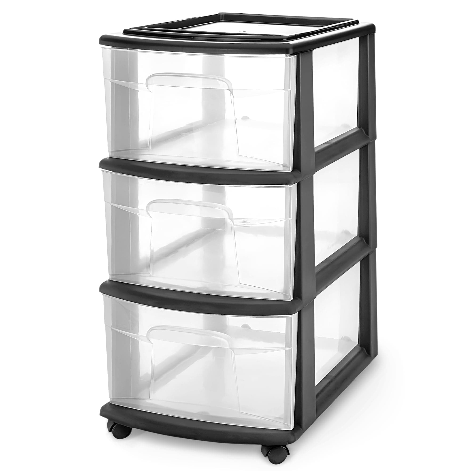 Homz Plastic 3 Clear Drawer Medium Home Organization Storage Container with 3 Large Drawers w/Removeable Wheels, Black Frame