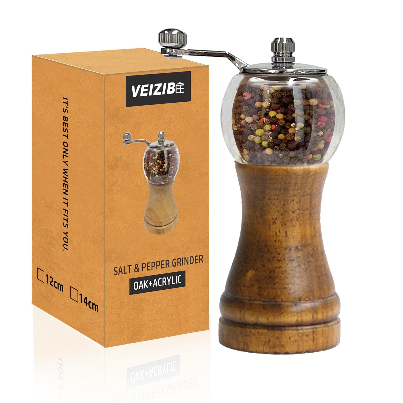VEIZIBEE Pepper Mills, Classical Roast Black Manual Pepper Grinder Set,Hand Shake Salt Mill,Retro Style Wood, Acrylic,Ceramic Blades,Metal Handle, Enjoy Fresh Pepper (Walnut color 1pcs-6in)