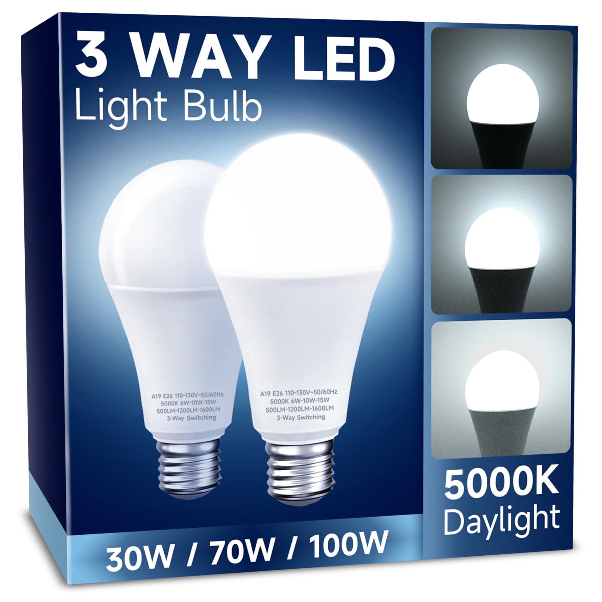 UNILAMP 3 Way LED Light Bulbs, 30/70/100W Equivalent, Daylight White 5000K, A19 Three Way Light Bulbs with E26 Medium Base, 2 Pack for Desk and Floor Lamps