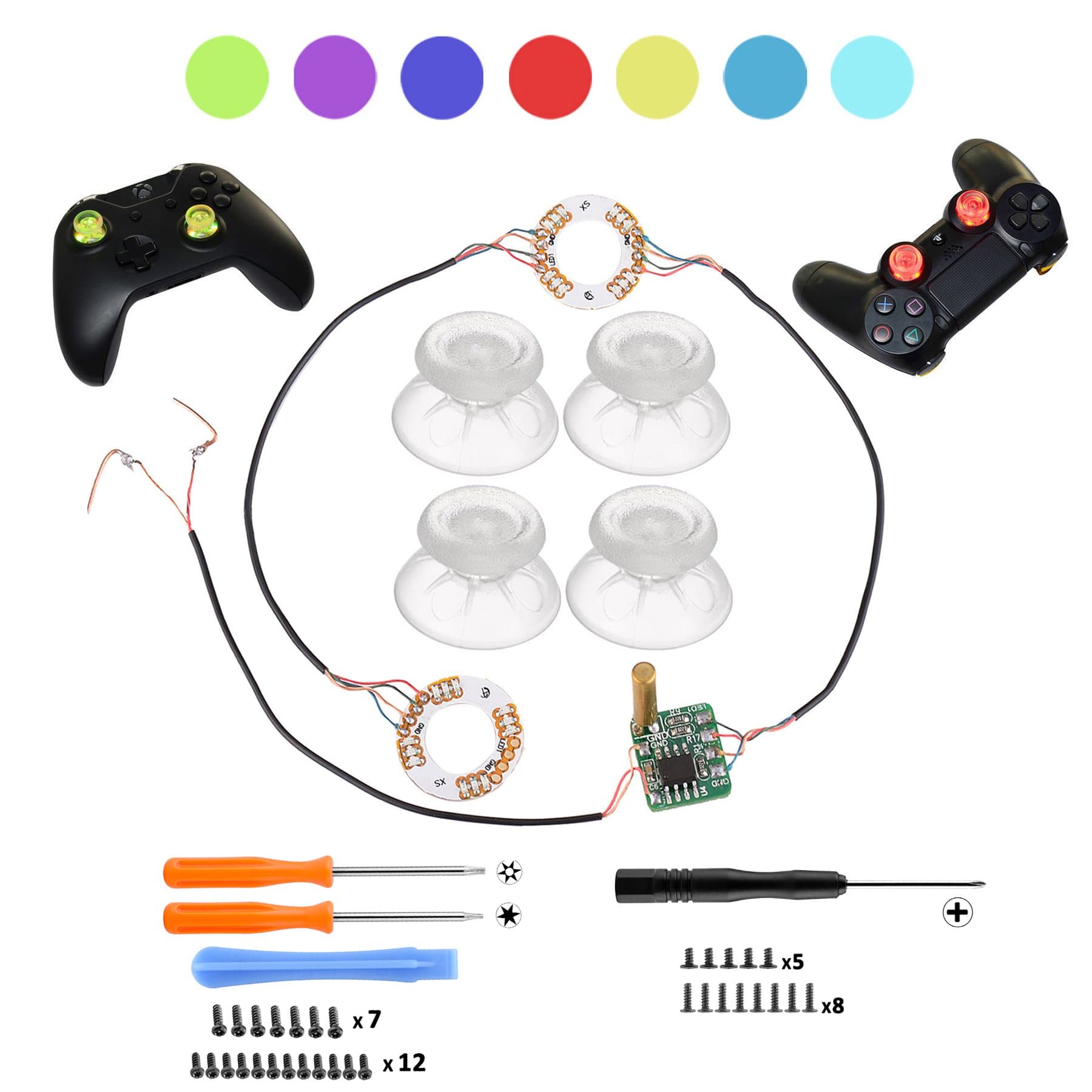 Transparent Analog DIY LED Light Thumb Sticks Mod Clear Thumbsticks for PS4 Xbox One Controller 7 Colors Repair Tools