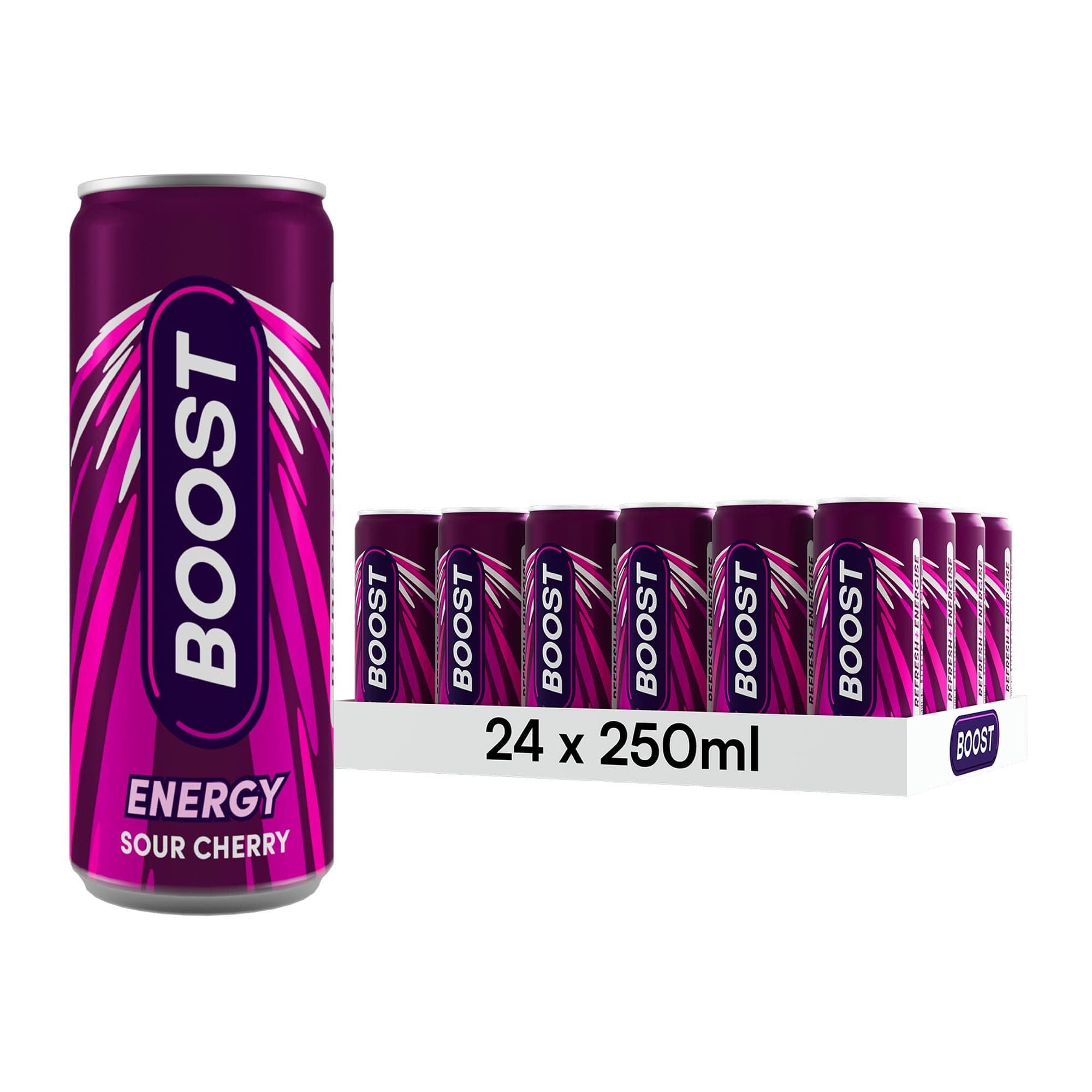 Boost Energy Drink Cherry Flavour - 24 Pack Drinks with Caffeine, Taurine and Vitamin B Carbonated Energy Drinks Gluten Free Vegan Low Calorie Fizzy Drinks Multipack 24x250ml
