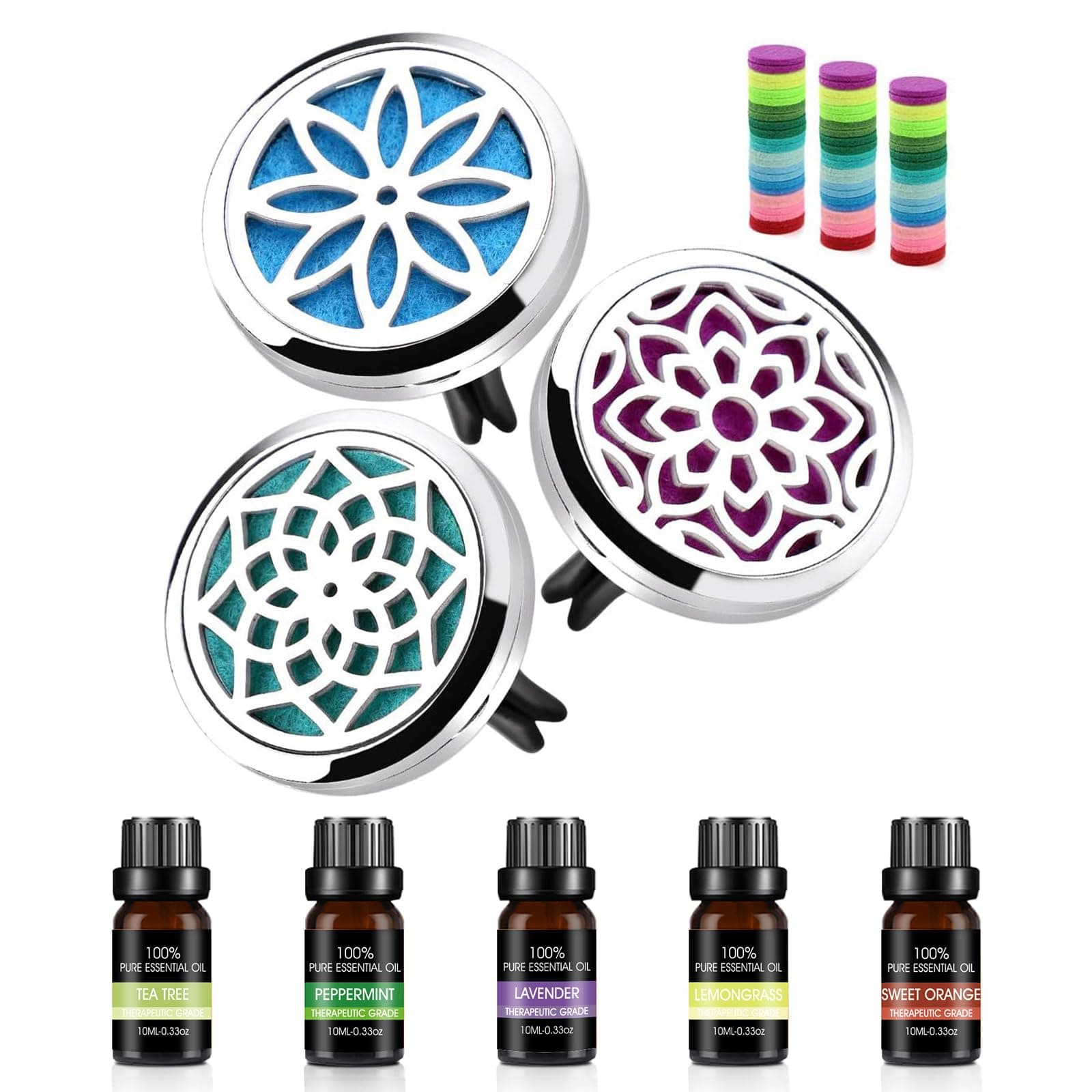 ttstar Car Diffuser Vent Clip - 30mm Aromatherapy Essential Oil Car Diffuser Vent Clips Set with 6 Essential Oils and 36 Refill Pads, Aromatherapy Gift for Women Girls, Mom(3 Lotus Vent Clips, Metal)