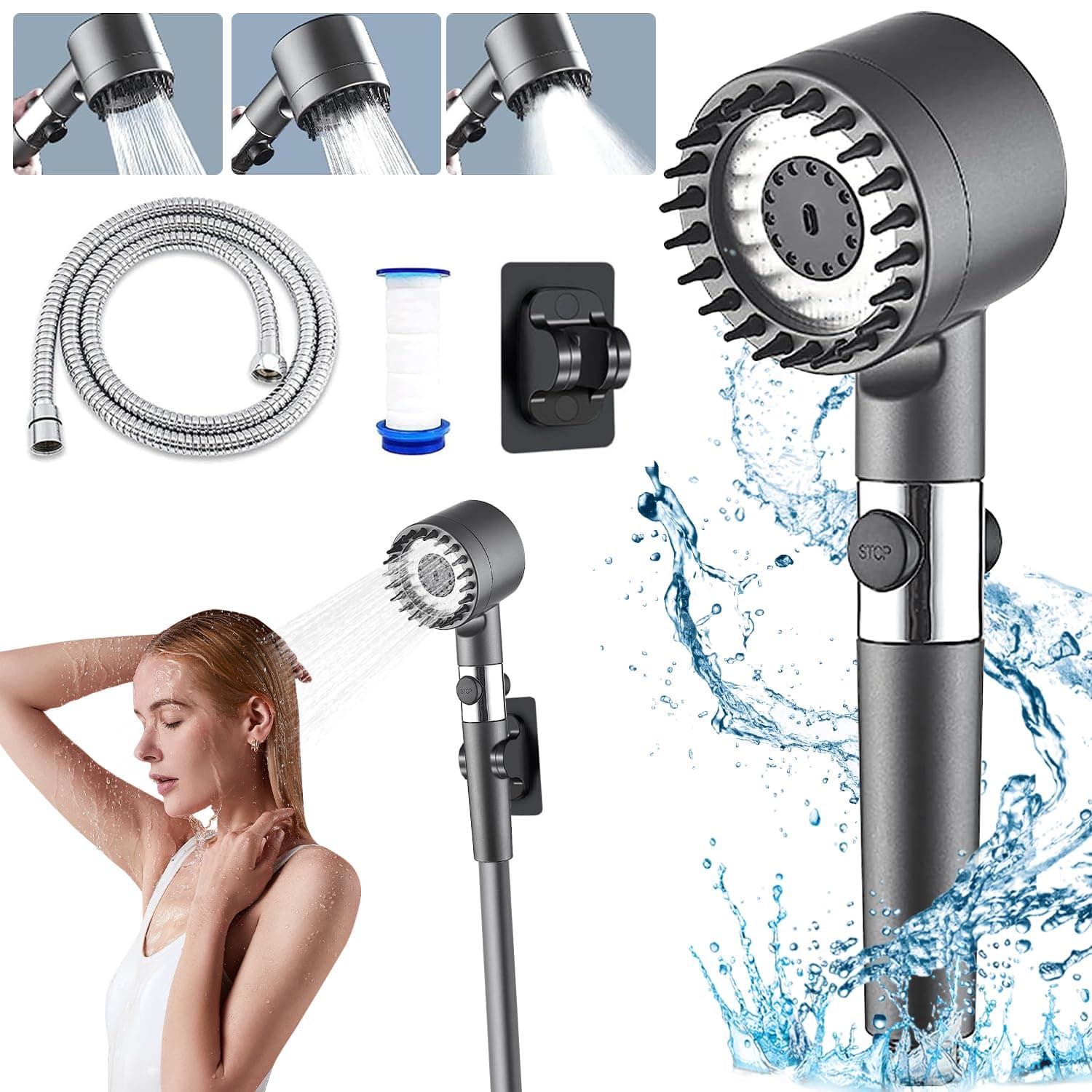 Shower Filter Shower Head - High Pressure Bathroom Accessories Set to Remove Chlorine and Impurities, Massages Scalp to Anti Hairfall and Dry Skin, with Shower Hose and Shower Holder (3 Modes)