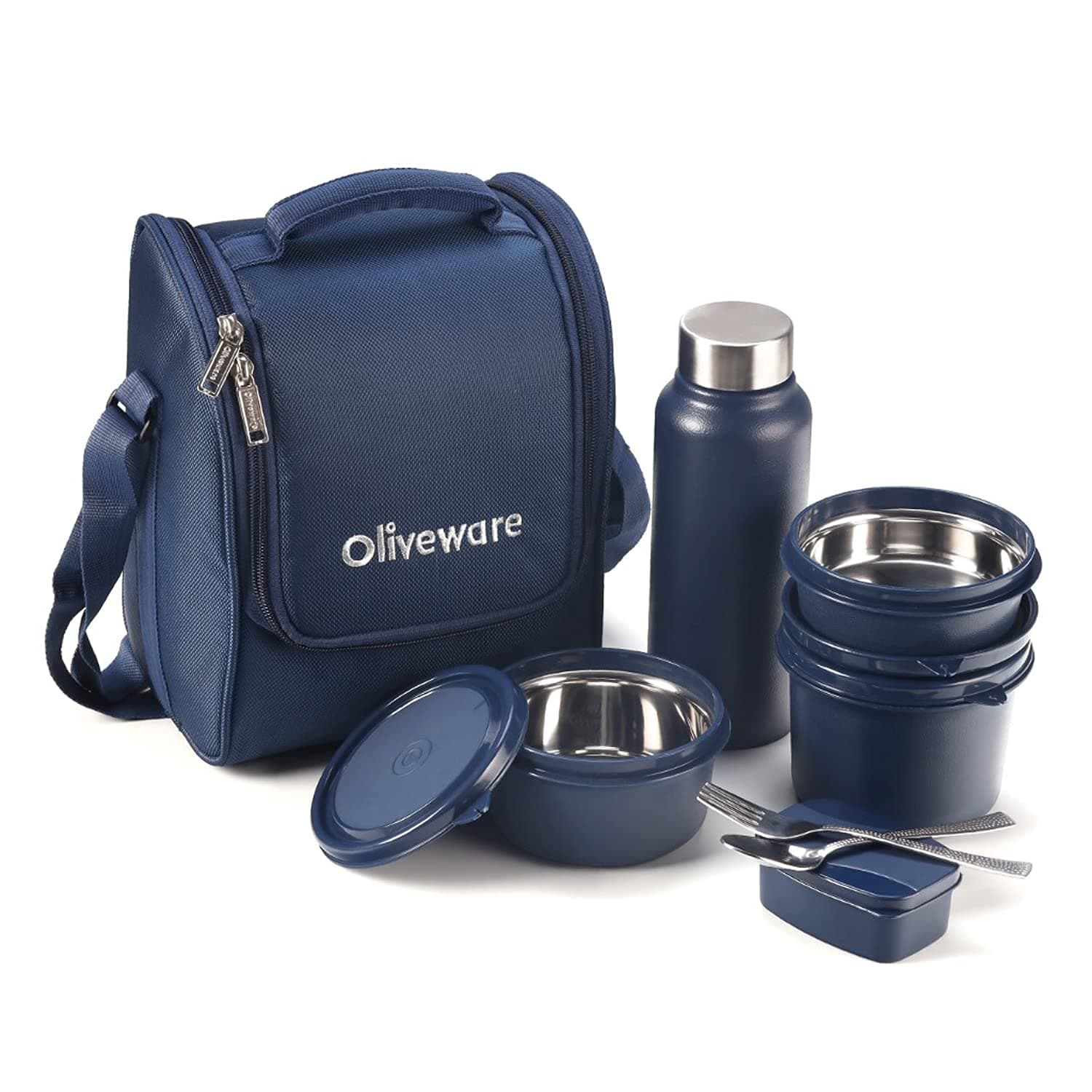 SOPL-OLIVEWARE Teso Pro Lunch Box with Cutlery 3 Microwave Safe Inside Containers with BPA Free Lids(290ml, 450ml & 600ml), Plastic Pickle Box(130ml), Steel Water Bottle(750ml) - Blue