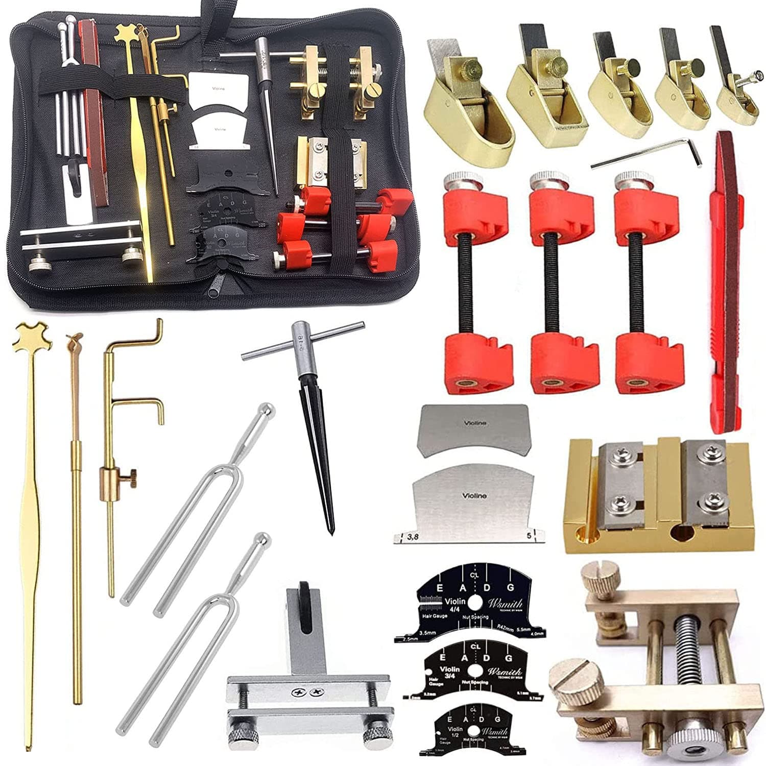 Violin Luthier Repair Tool Kit 24pcs Include 8-16mm Thumb Planer Violin Crack Clamp Tuning Fork Bridge Template Sound Post Gauge & Retriever Clip & Setter Tuning Peg Reals Shaver & Reamer Set