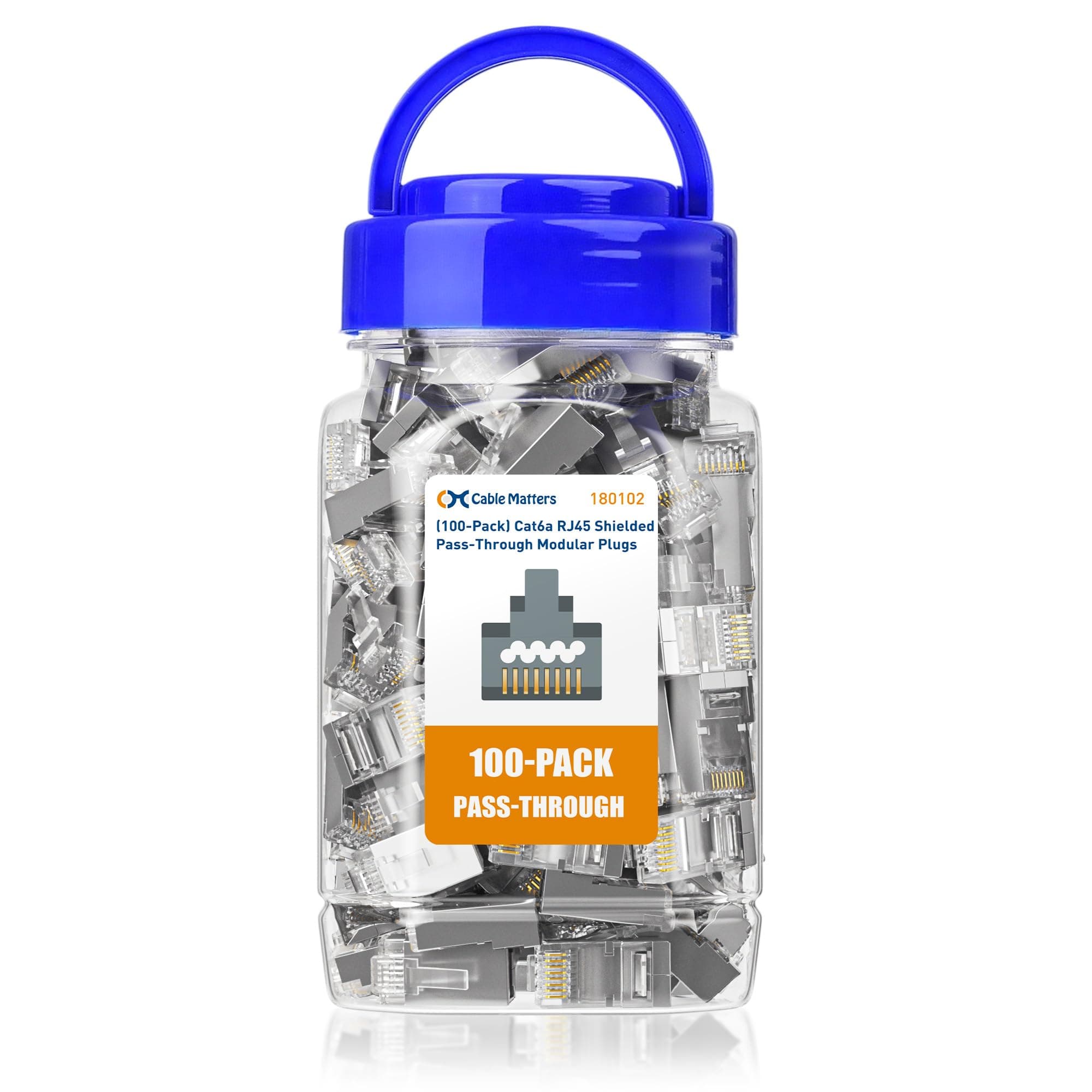 Cable Matters 100-Pack Cat 6A Shielded Pass Through RJ45 Connectors, 50µ Gold Plated, Max. Wire OD 1.19mm (Cat6A Ends/Shielded RJ45 Connector/Ethernet Ends) for Solid or Stranded S/FTP Cable