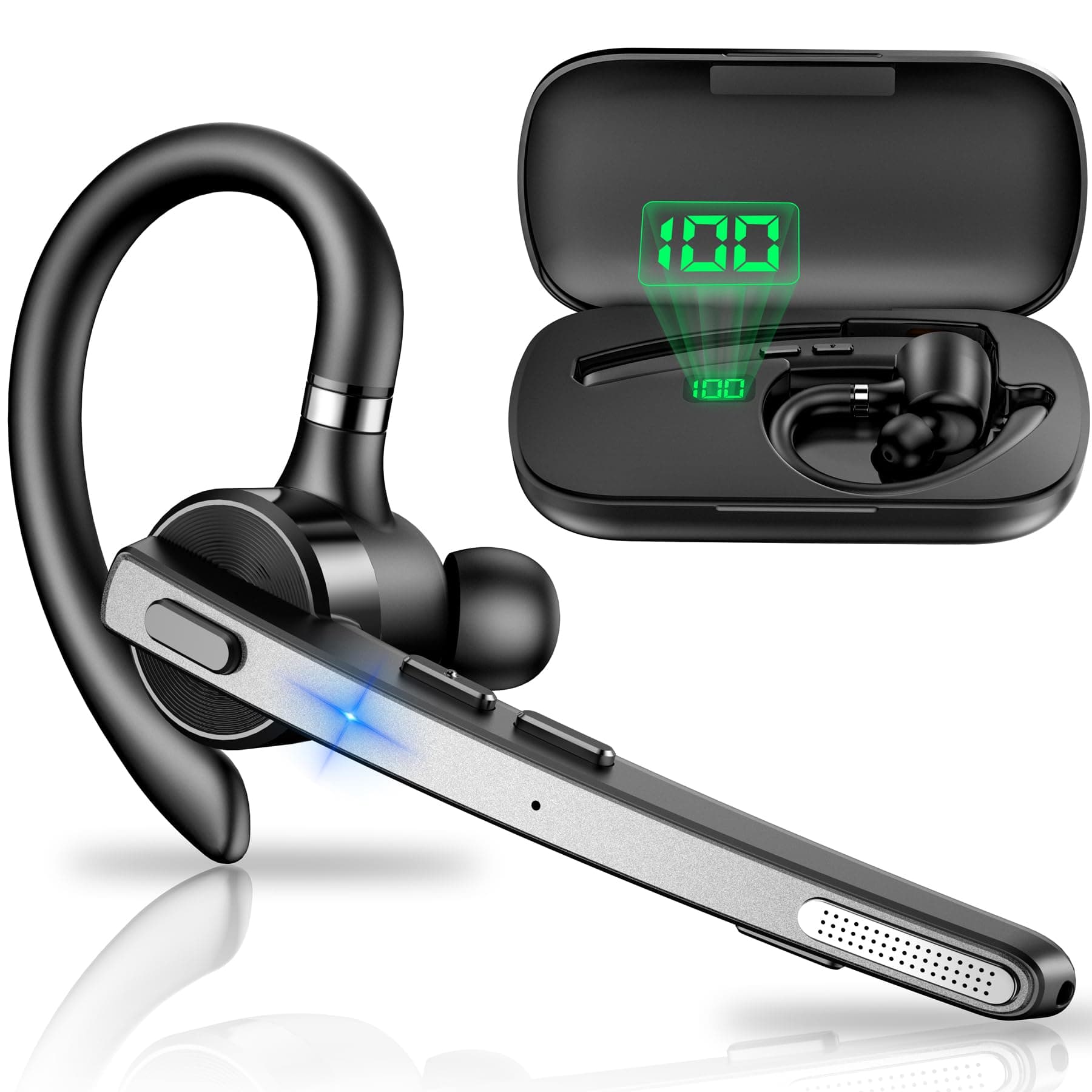Bluetooth Headsets Dual Mic V5.1 Bluetooth Earpiece Wireless with LED Charging Case 72Hrs Play Time Hands Free Earpiece CVC8.0 for Business/Office with Android iOS Laptop