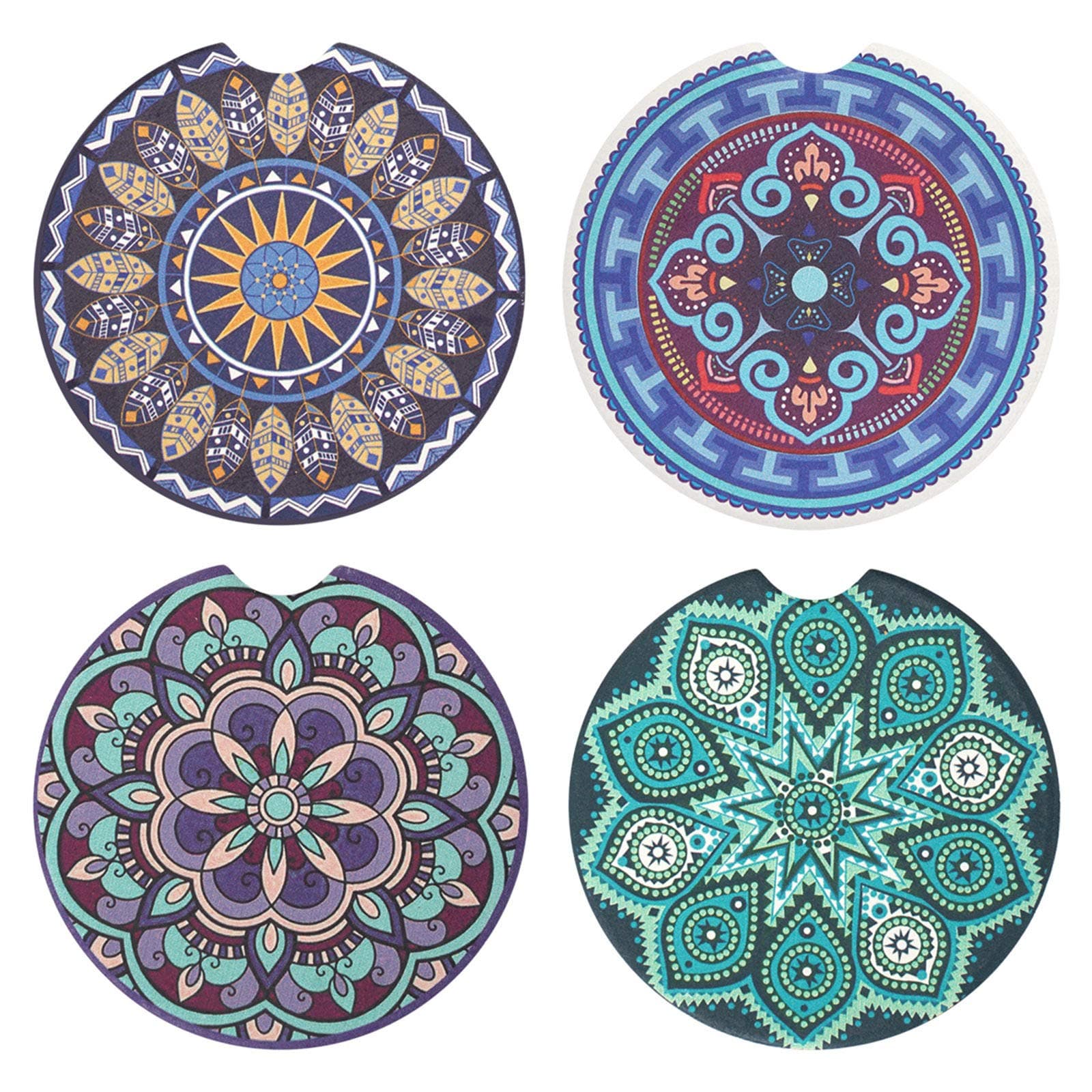 Vaincre 4 Pack 2.56 inch Car Coasters for Drinks Absorbent, Mandala Ceramic Car Cup Holder Coaster for Your Car with Fingertip Grip, Removable Cute Auto Accessories, Keep Car Clean for Women & Girls