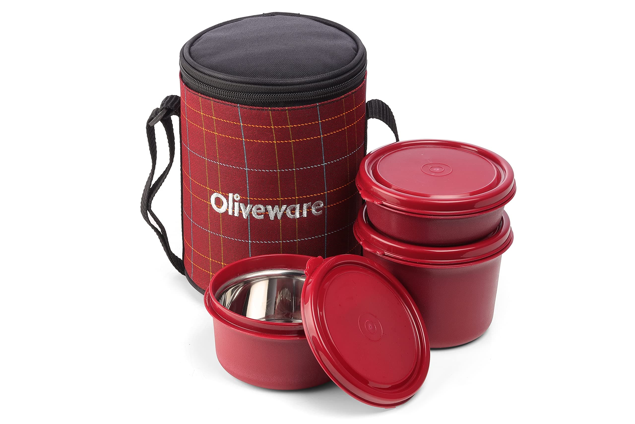 Oliveware Infinite Lunch Box, Microwave Safe & Leak Proof, 3 Inside Steel Containers with BPA Free Airtight Lids (290ml, 450ml & 600ml), Fabric Bag (Red)