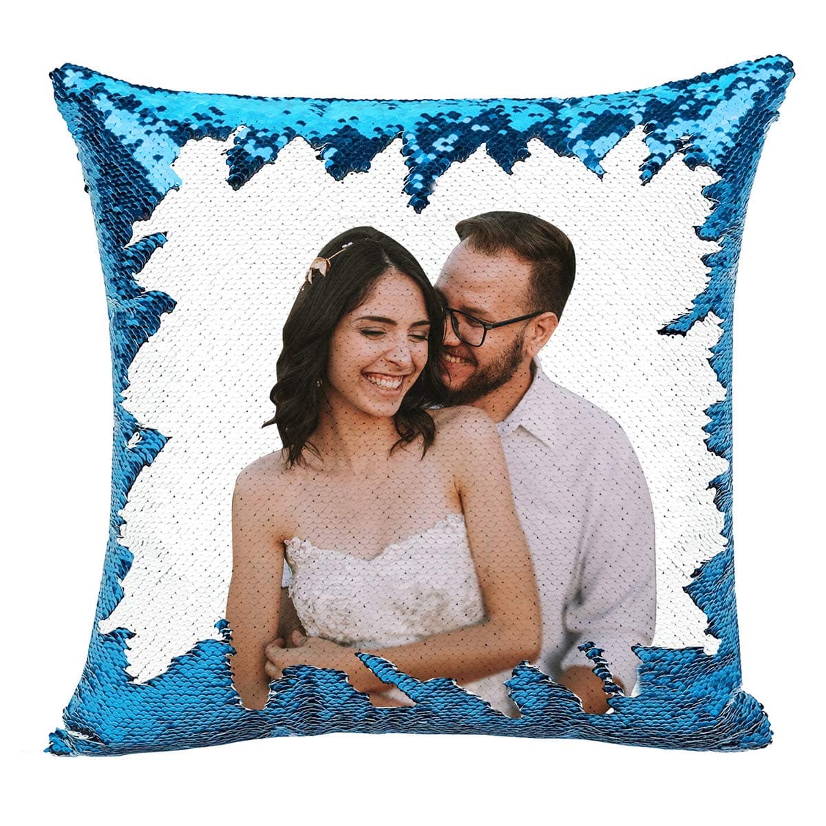 Custom Pillow, Personalized Custom Photo Sequin Pillow Customized Pillow (Inserts Included) - Magic Reversible Home Decor Personalized Gifts (Sky Blue)