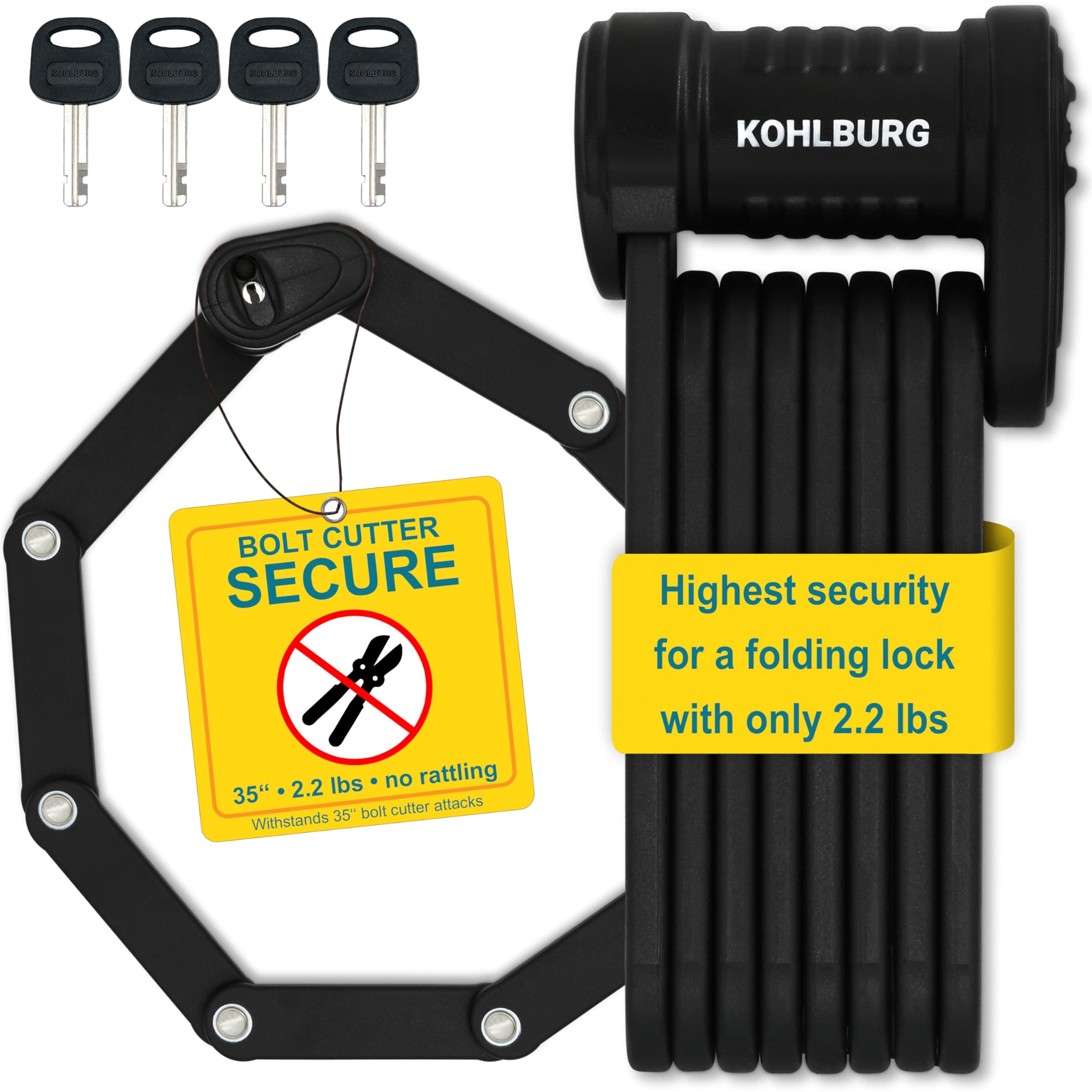 KOHLBURG Bicycle Folding Lock Highest Security at Only 1kg – 89cm Model Vienna – Bicycle Lock with Bracket – Very Secure Bicycle Lock as e-Scooter Lock & eBike Folding Lock Bicycle Secure
