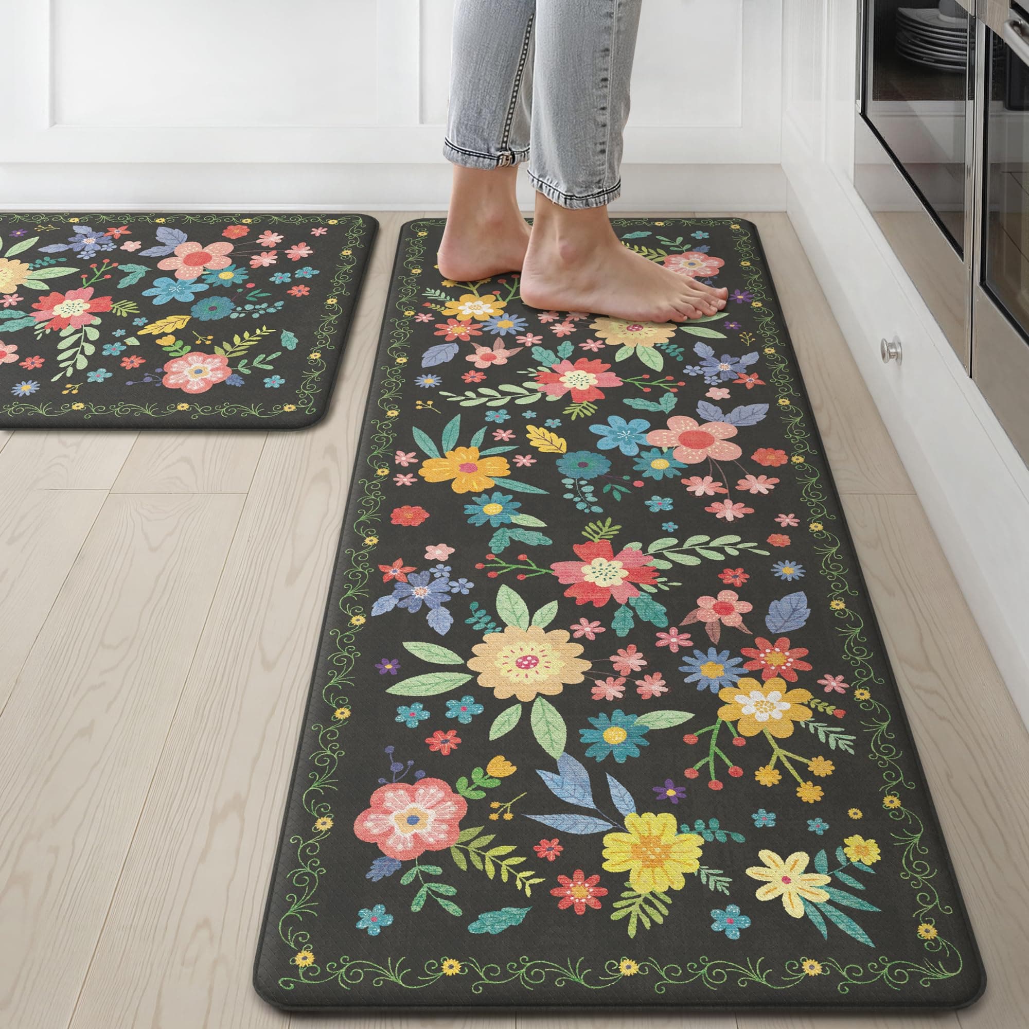 GENIMO Kitchen Mats for Floor 2PCS, Cushioned Kitchen Rugs Non Slip Washable, Farmhouse Anti Fatigue Mat Waterproof, Comfort Standing Mat Rug for Office, Home, Laundry, 17.3"x47"+17.3"x30", Black