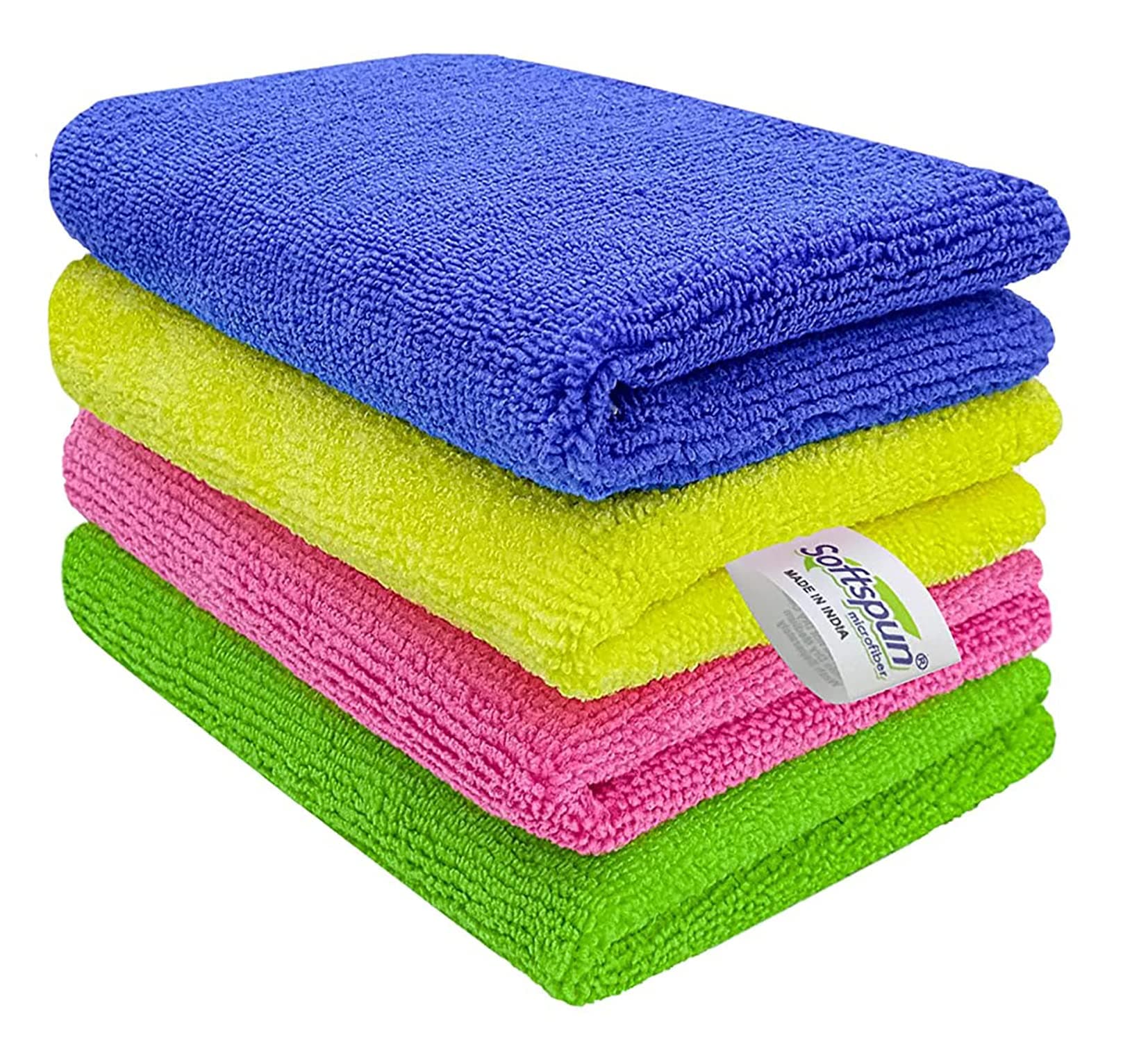 SOFTSPUN Microfiber Cleaning Small Wipes 20X30cms 4 pcs Towel Set 340 GSM Multicolor! Highly Absorbent Lint and Streak Free Multipurpose Wash Cloth for Kitchen Window Stainless Steel Silverware.