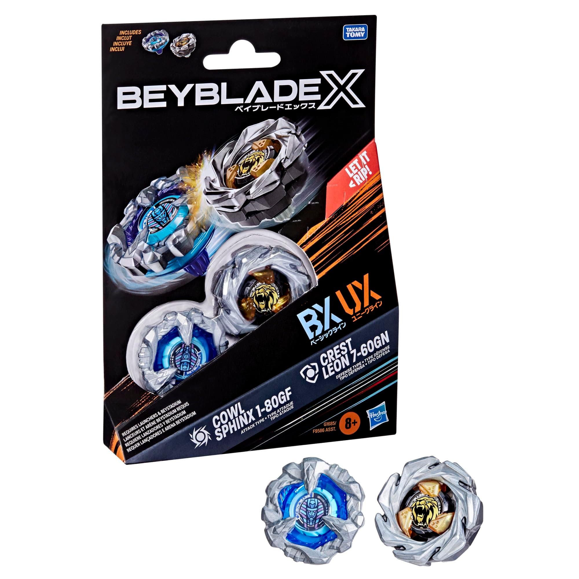 Beyblade X Cowl Sphinx 1-80GF BX & Crest Leon 7-60GN UX Dual Pack Set with 2 Right-Spinning Tops; Authentic Takara Tomy Battle Tops; Games/Toys for Boys & Girls 8+