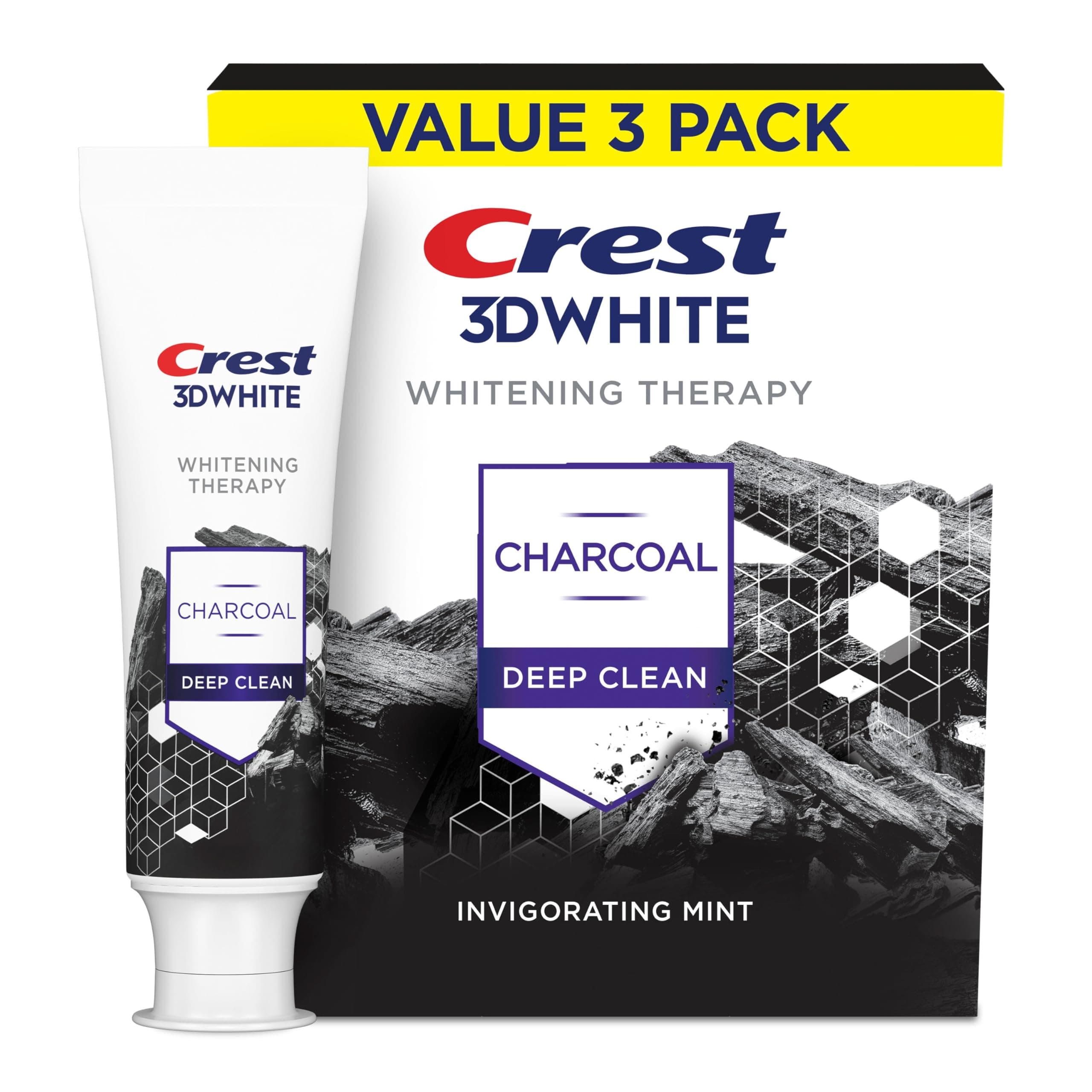 3D White Whitening Therapy Charcoal Deep Clean Invigorating Mint Teeth Whitening Toothpaste, 4.6 oz Pack of 3, Anticavity Fluoride Toothpaste, Gently Brightens Teeth, Strengthens Enamel